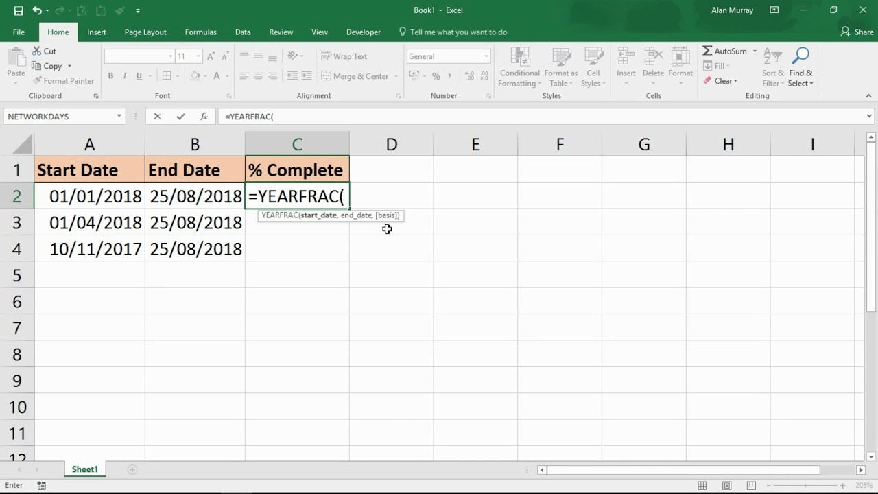 Calculate Percentage Of Year Complete - Excel Formula