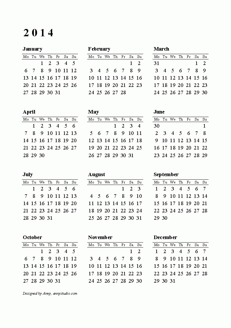 Calendar 2014 Printable One Page | Printable Calendars 2014