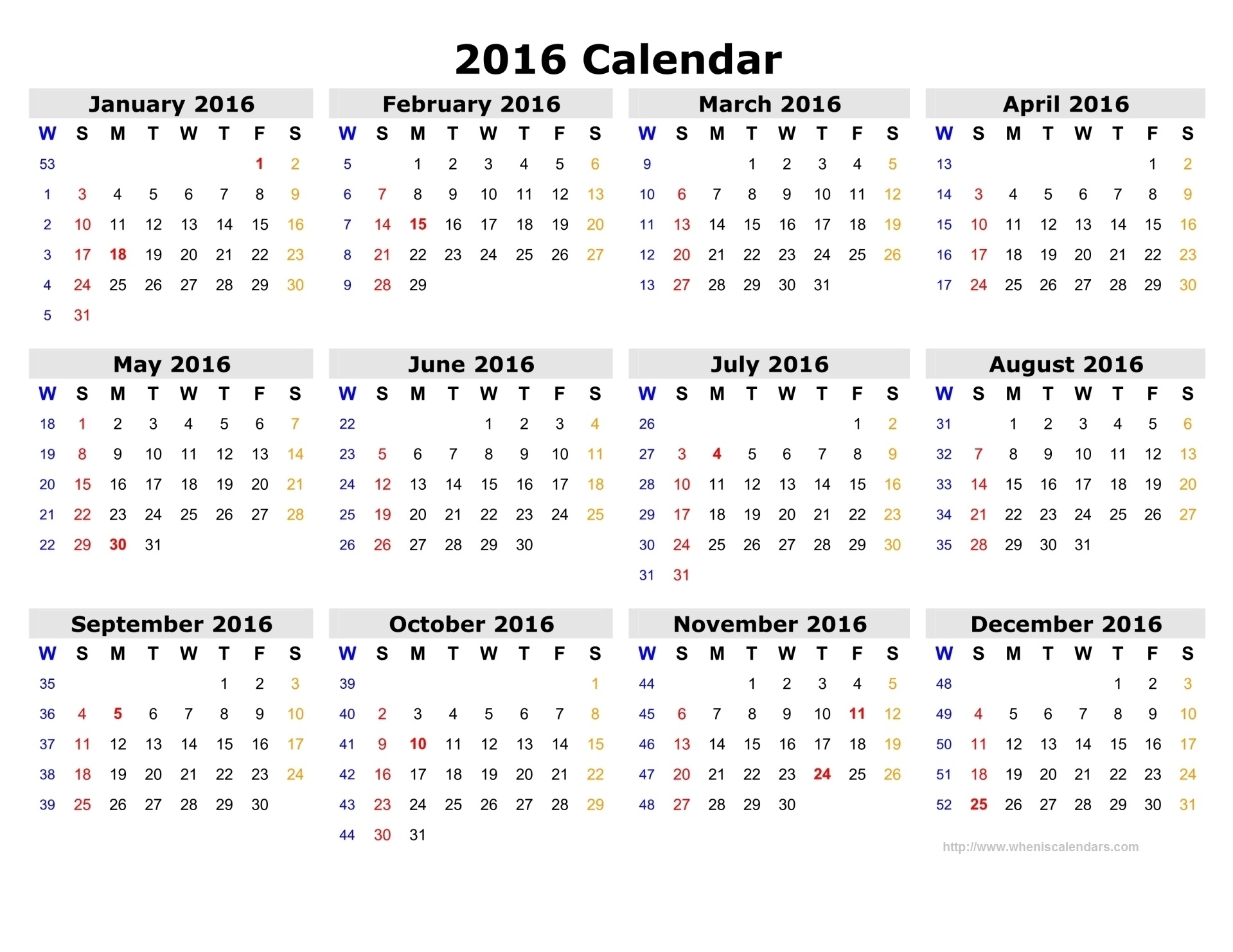 Calendar 2016 12 Months, Indicating Number Weeks 2016