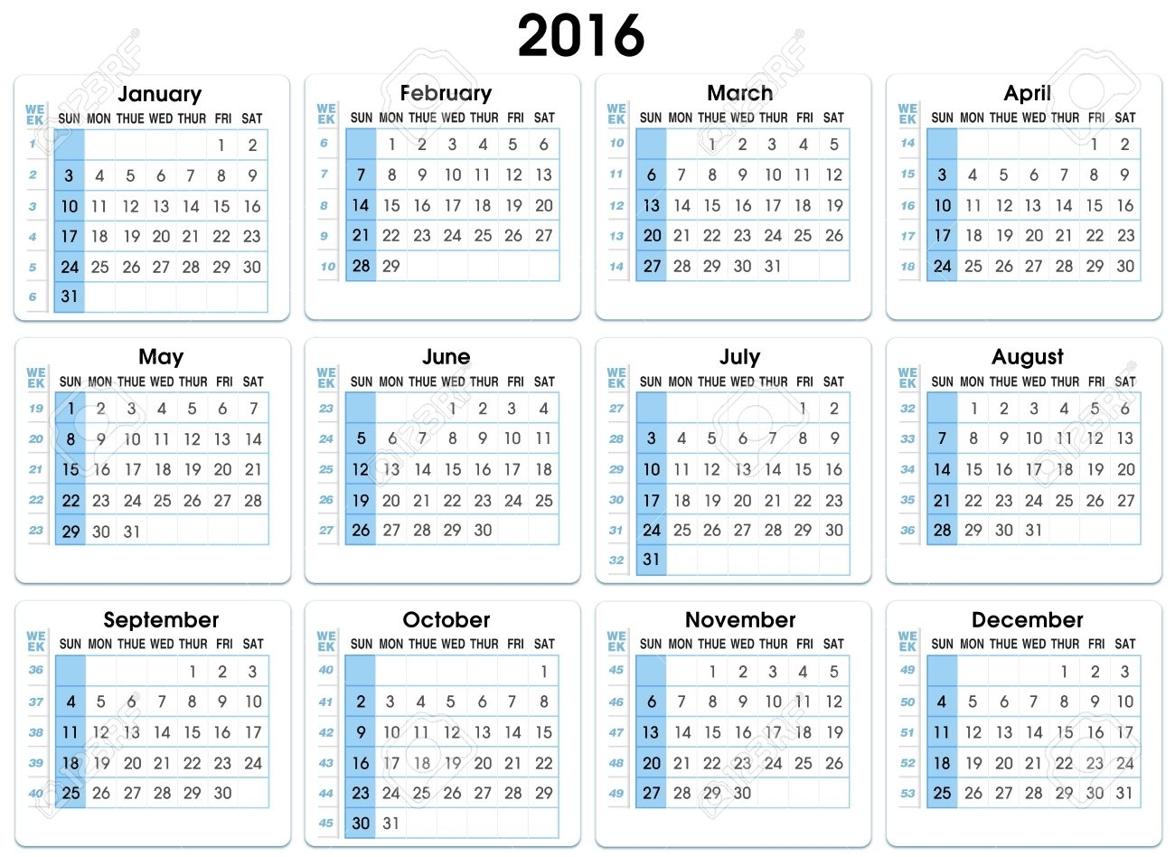 Calendar 2016. 12 Months, Indicating Number Weeks 2016 Calendar..