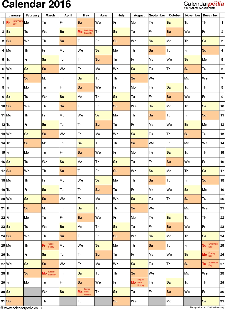 Calendar 2016 (Uk) - 16 Free Printable Pdf Templates