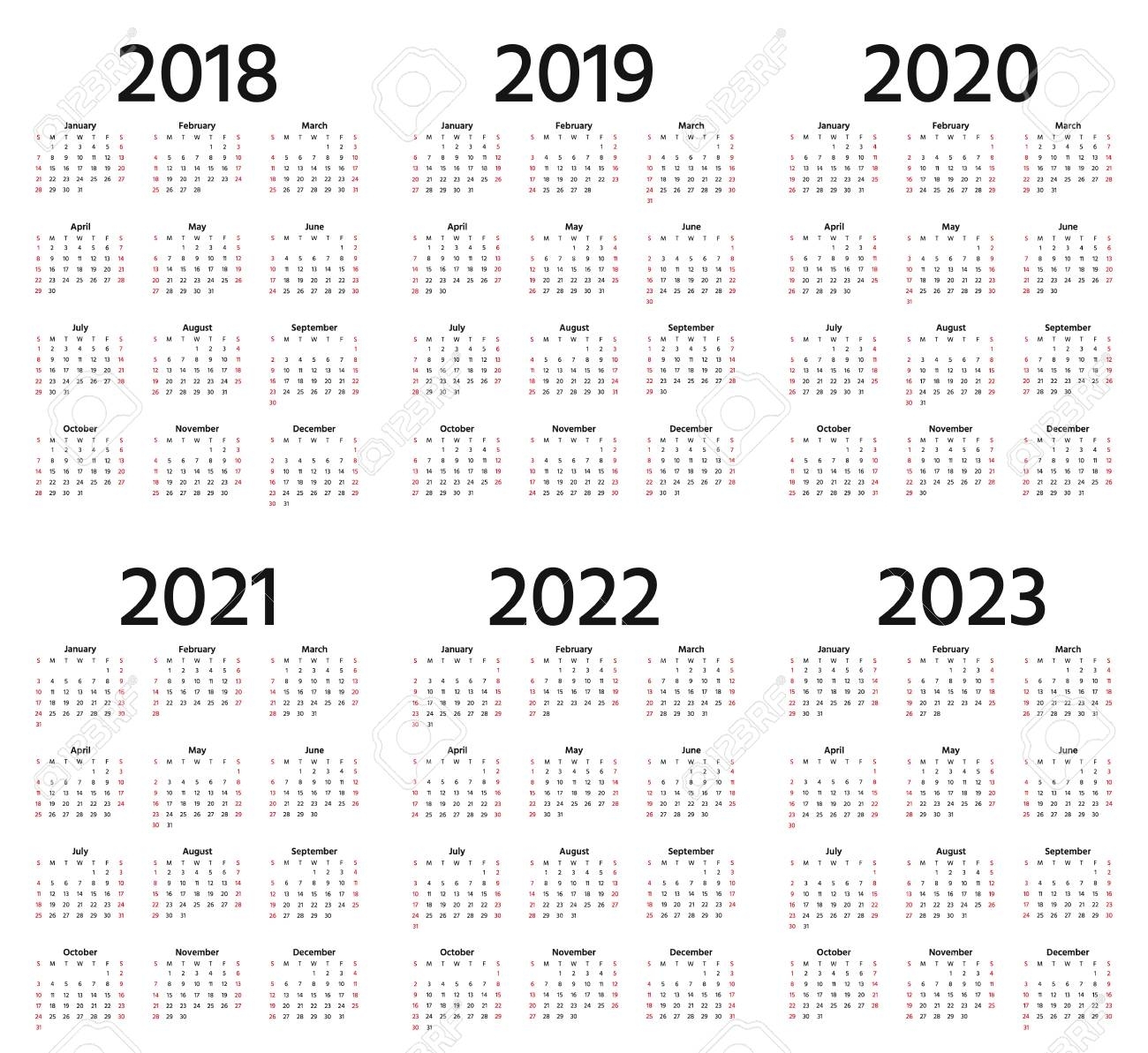 Calendar 2018, 2019, 2020, 2021, 2022, 2023 Year. Week Starts..