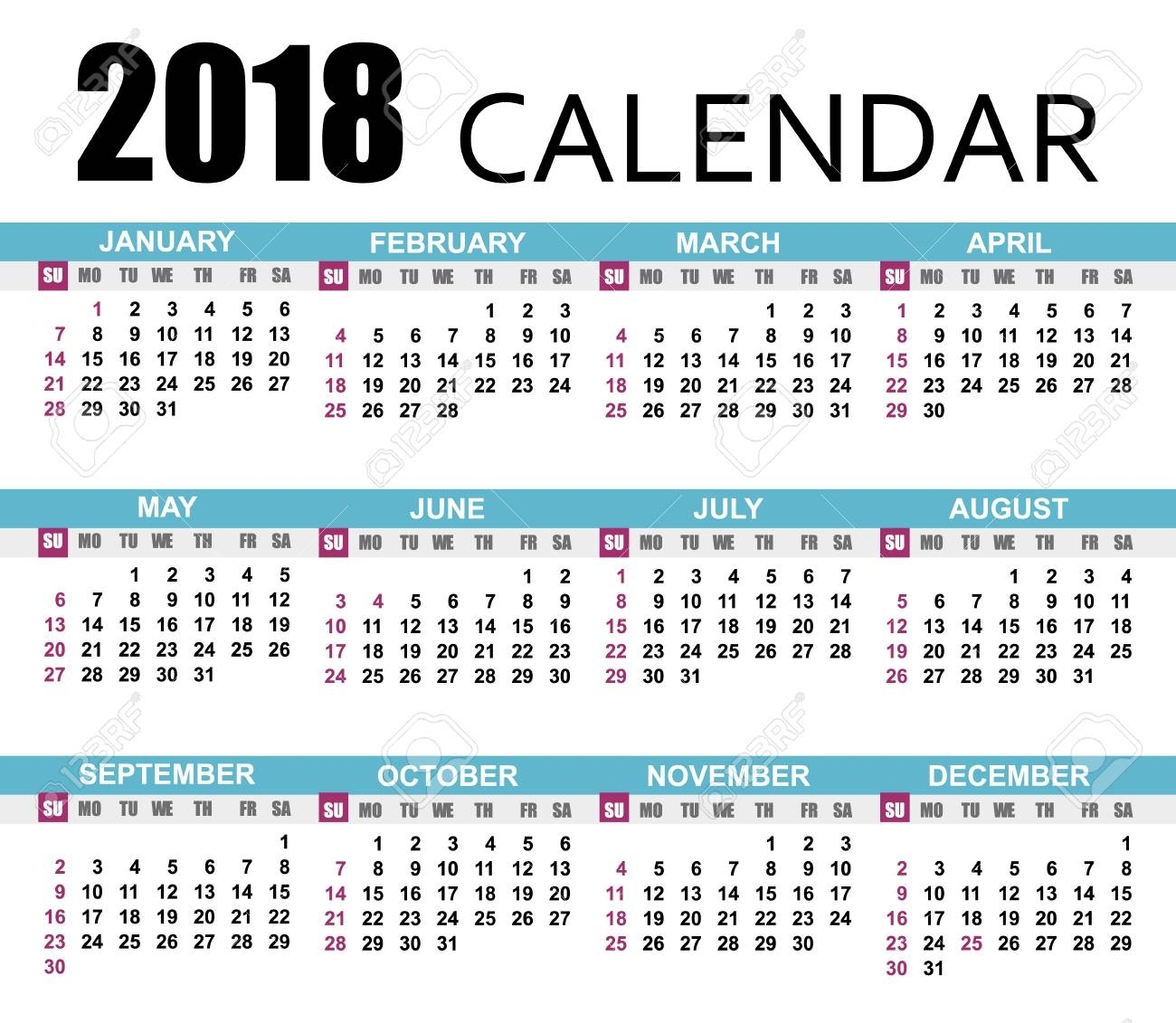 Calendar 2018 Template Vector Illustration With A Week Starts..