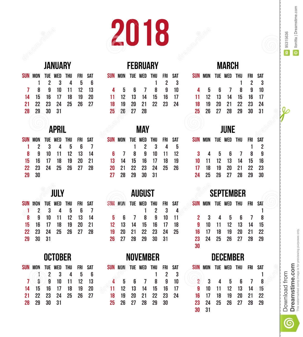 Calendar 2018 Year. Week Starts Sunday, Us. Vector Clear Or