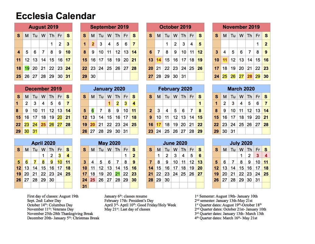 Calendar 2019-20 - Ecclesia Classes