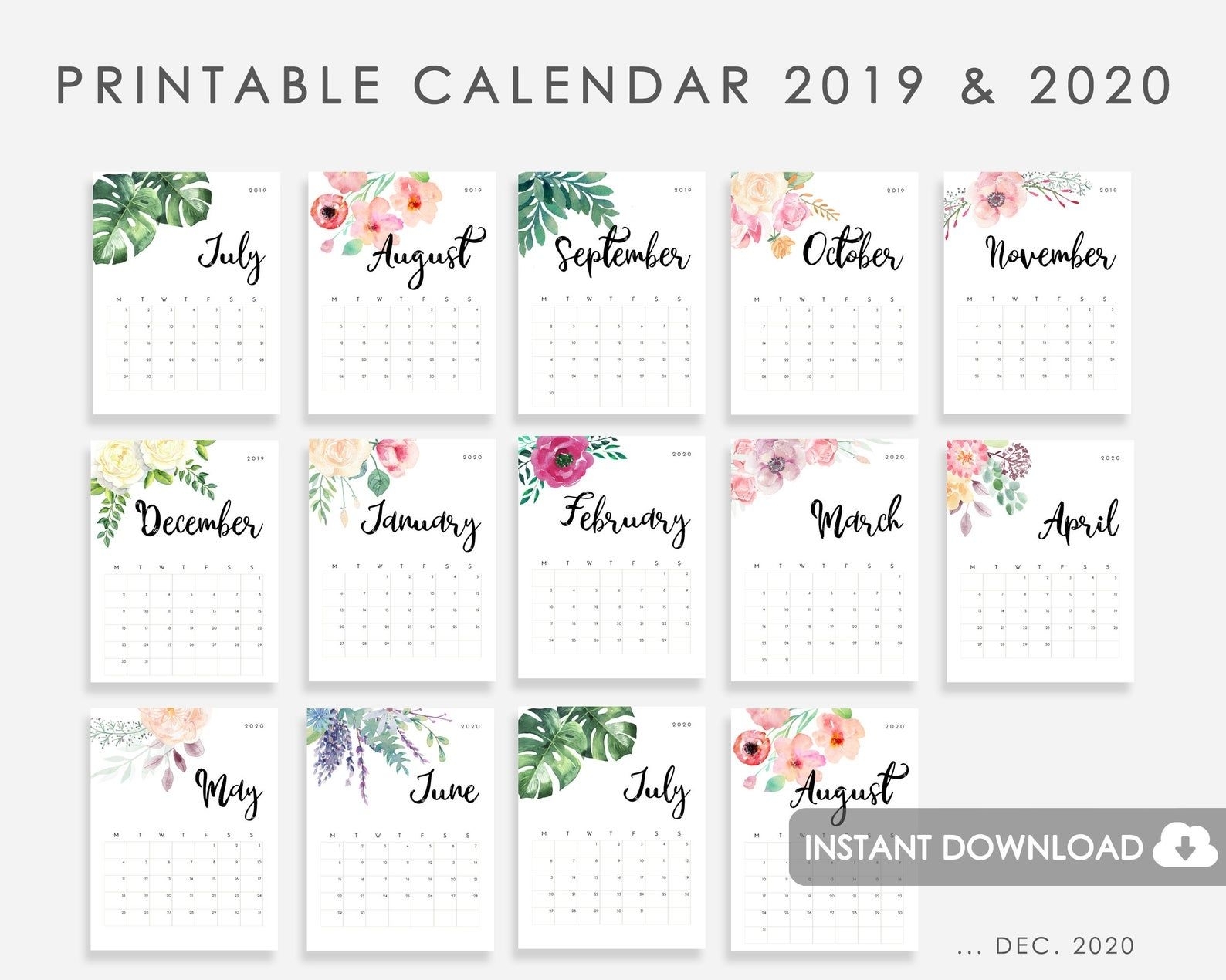 Calendar 2019-2020 Printable, Calendar Watercolor Flowers