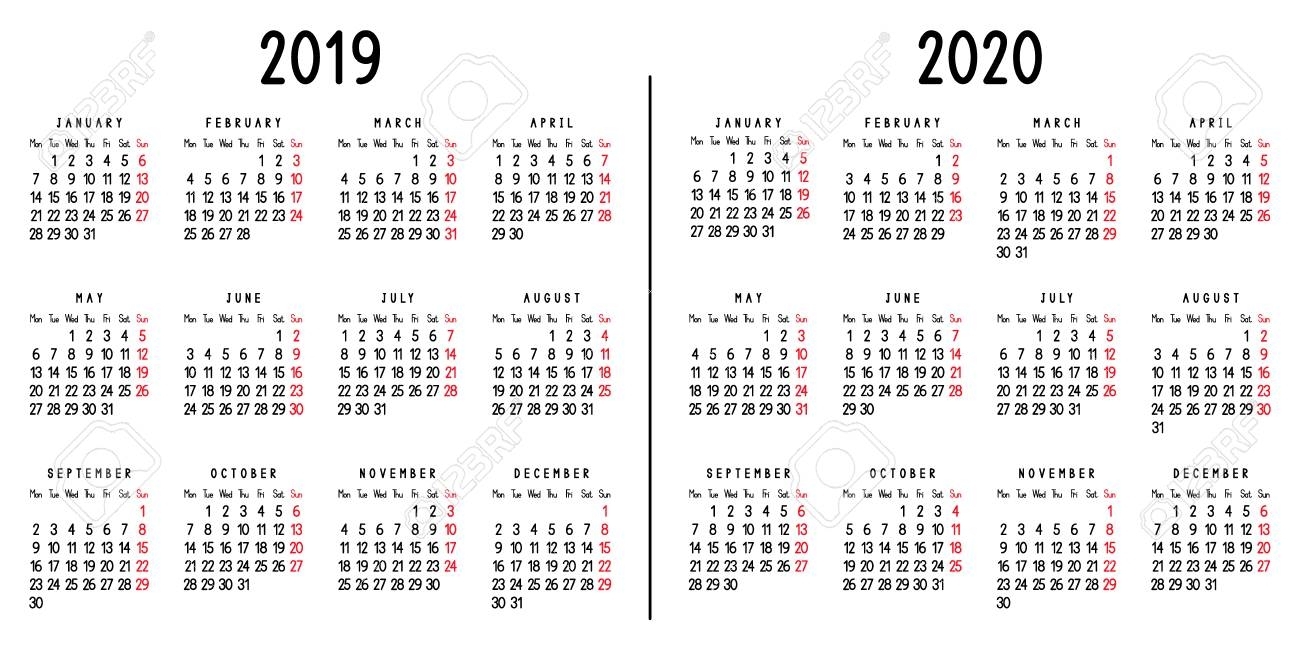 Calendar 2019 And 2020. Week Starts From Monday. Vector Illustration.