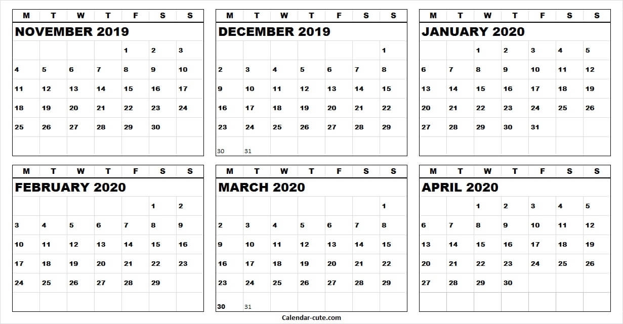 Calendar 2019 November December 2020 January February March
