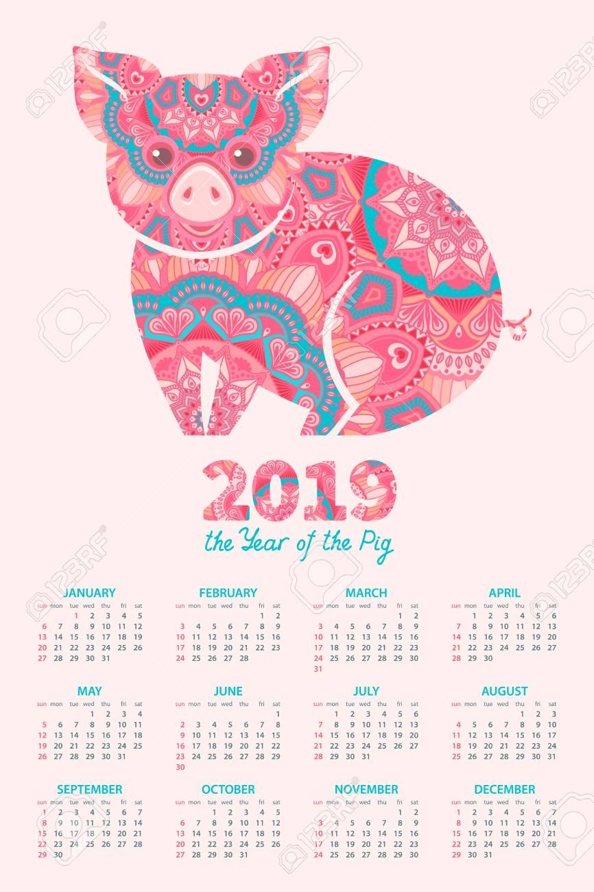 Calendar 2019. Pig Is A Symbol Of The 2019 Chinese New Year