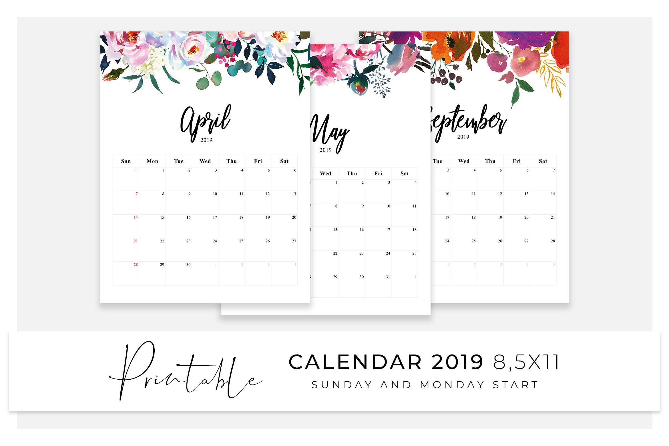 Calendar 2019 | Printable Desk Calendar | Sunday Start