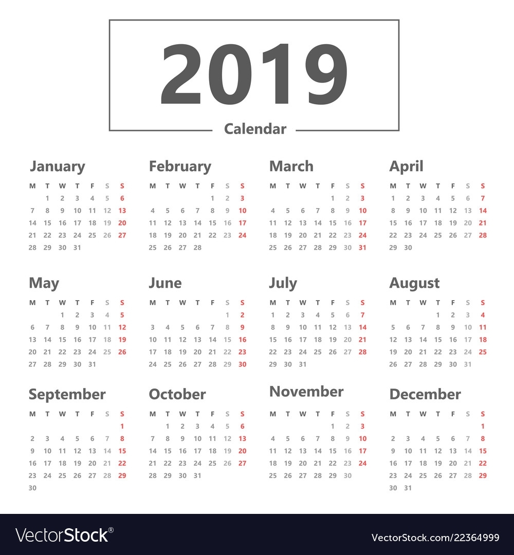 Calendar 2019 Simple Style Week Starts Monday