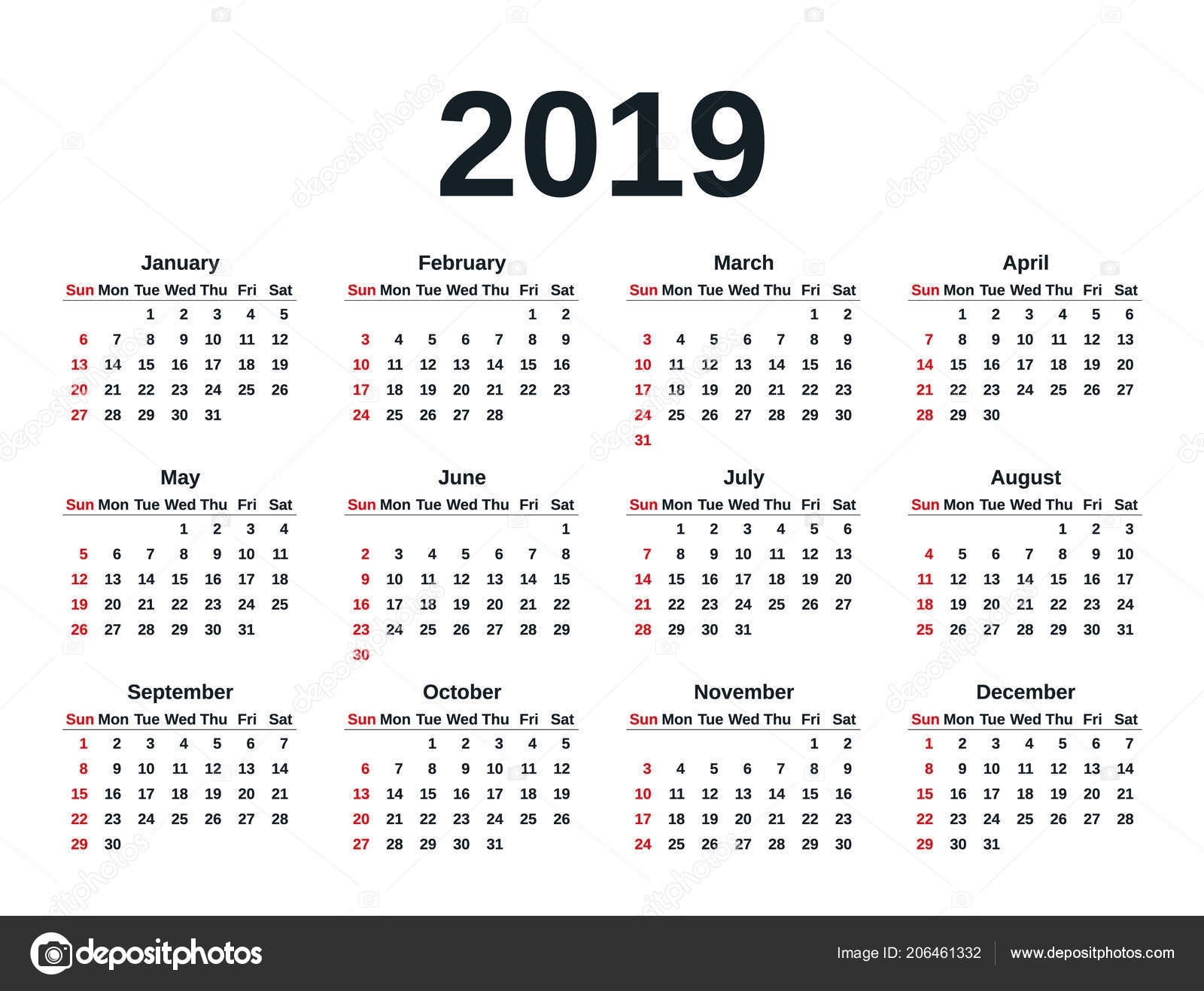 Calendar 2019 Simple Style Week Starts Sunday Vector