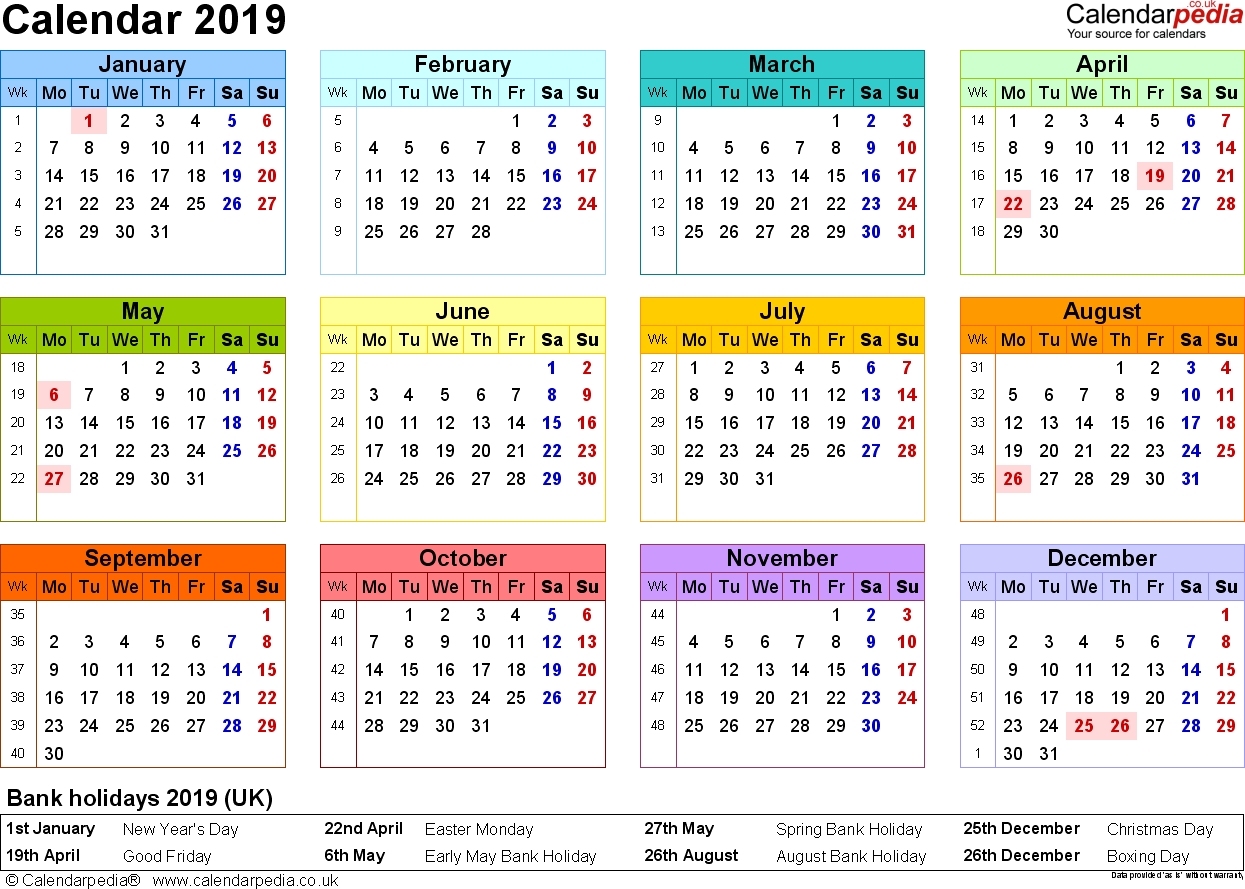 Calendar 2019 (Uk) - 17 Free Printable Pdf Templates