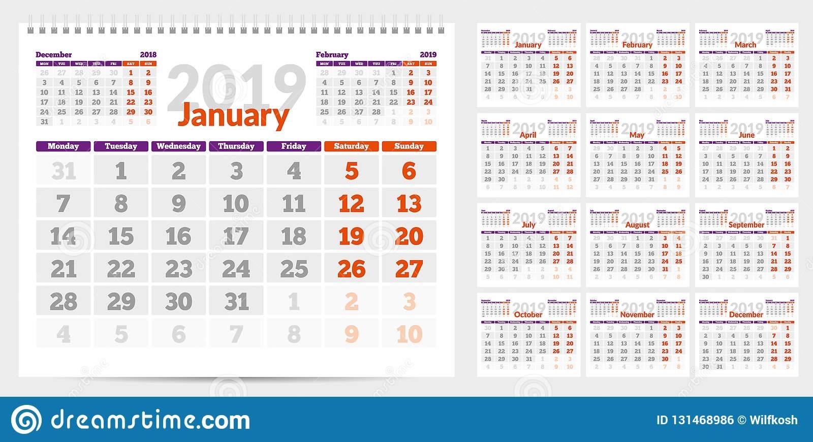 Calendar 2019. Week Start From Monday. Stock Vector