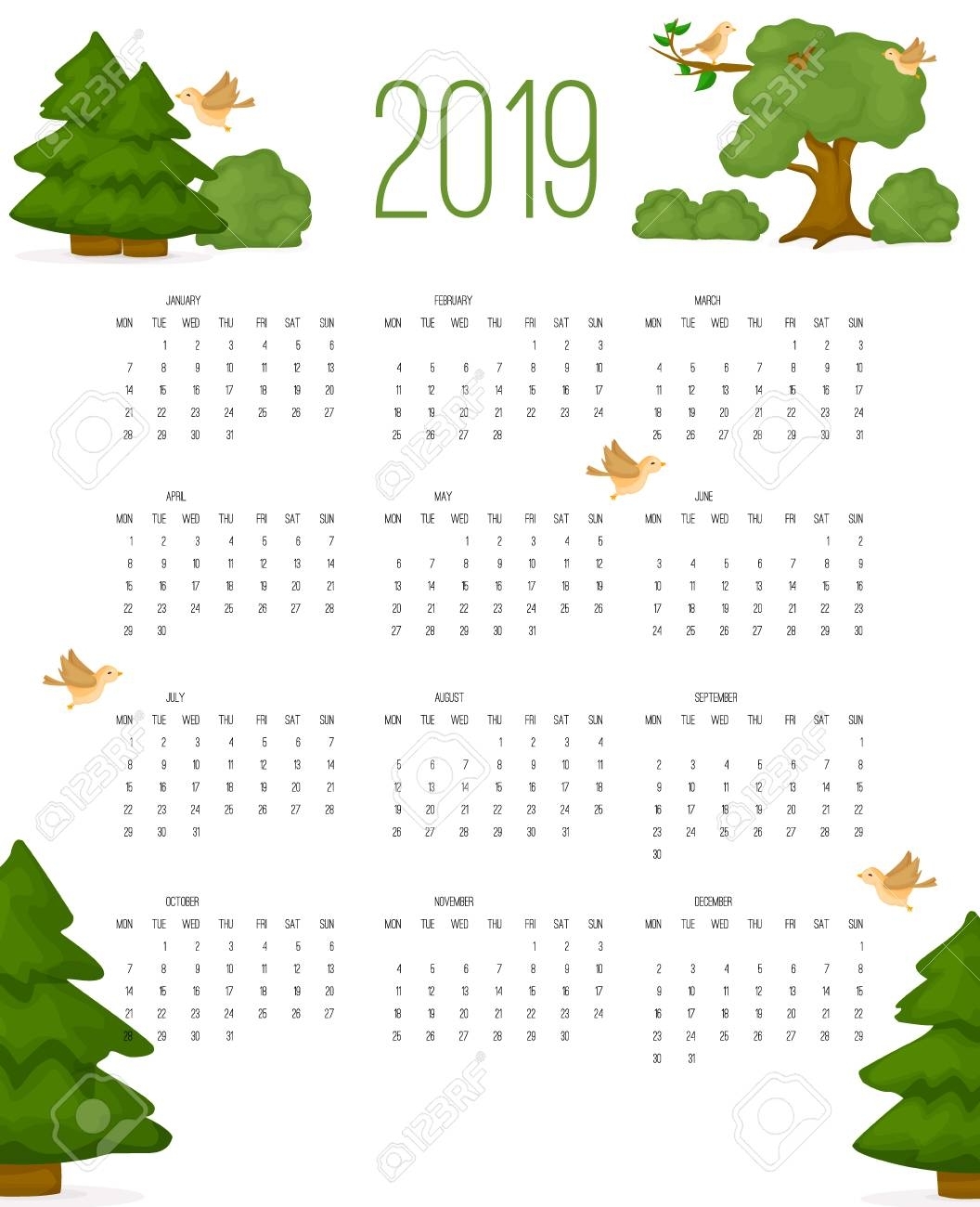 Calendar 2019, Week Starts From Sunday, Business Template Vector..