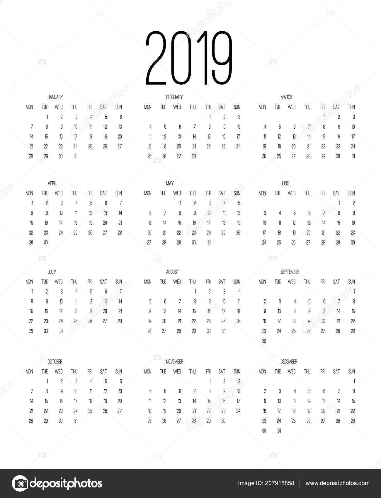 Calendar 2019 Week Starts Sunday Business Template Vector