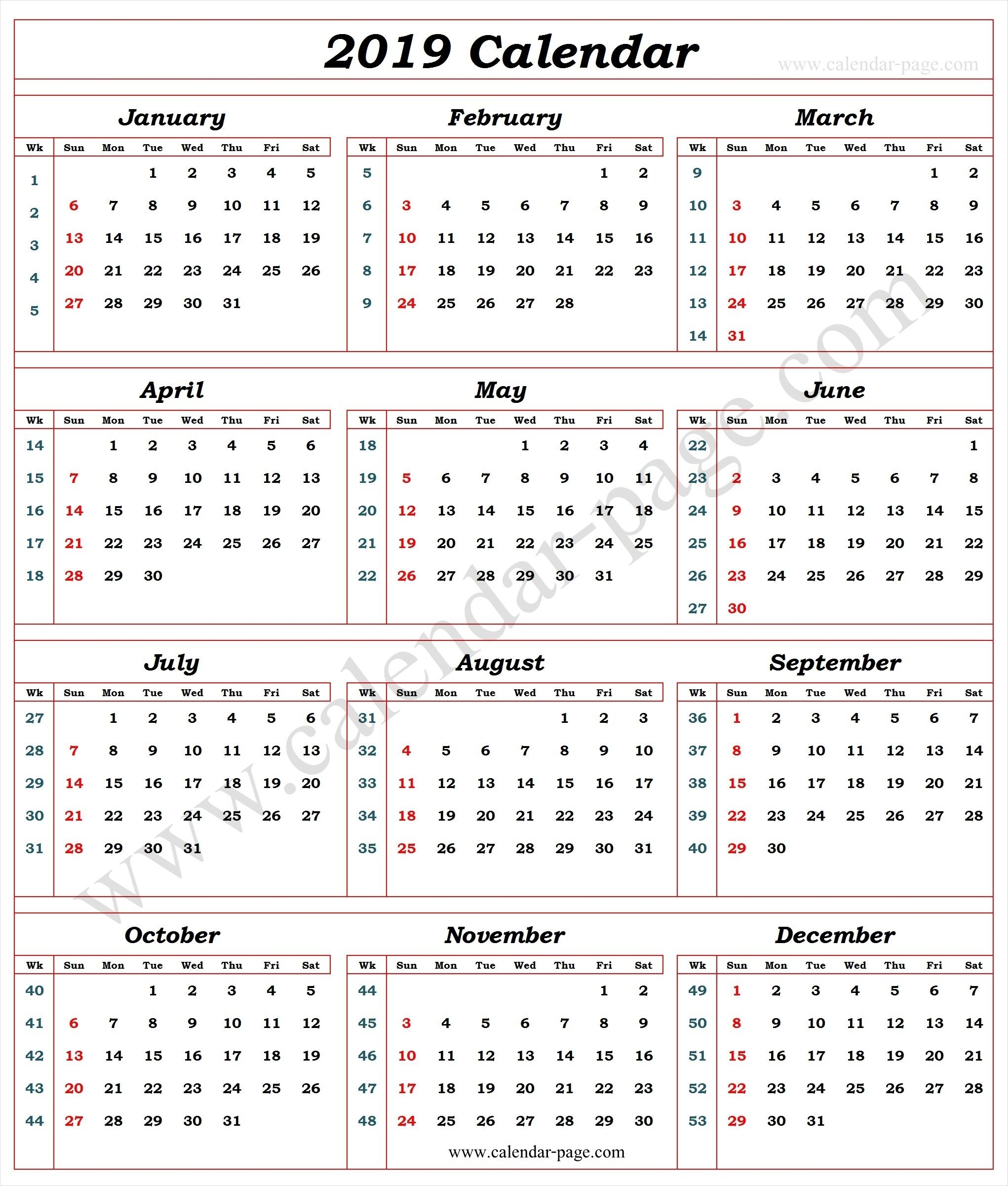 Calendar 2019 With Week Numbers | Calendar With Week Numbers