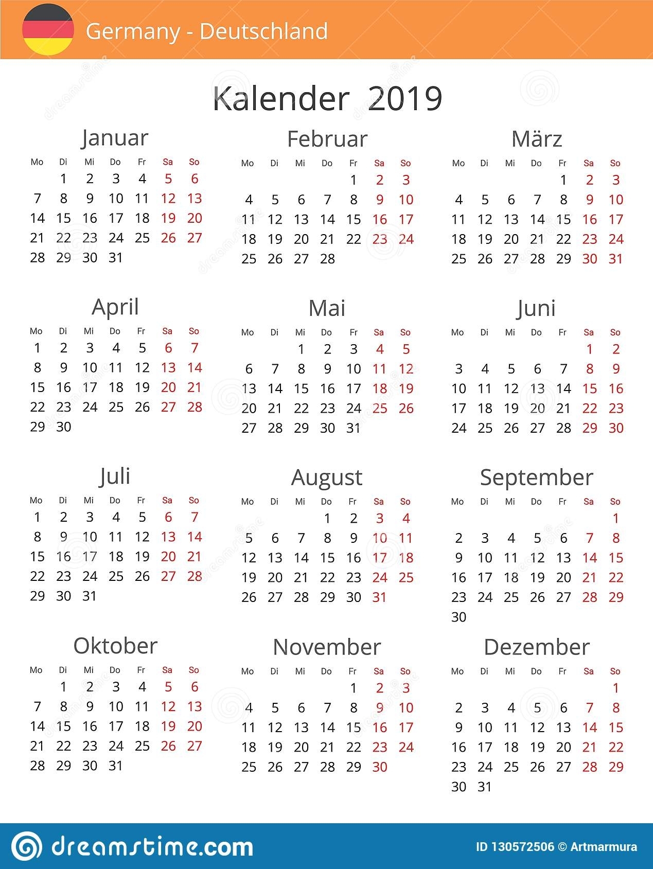 Calendar 2019 Year For Germany Country Stock Illustration