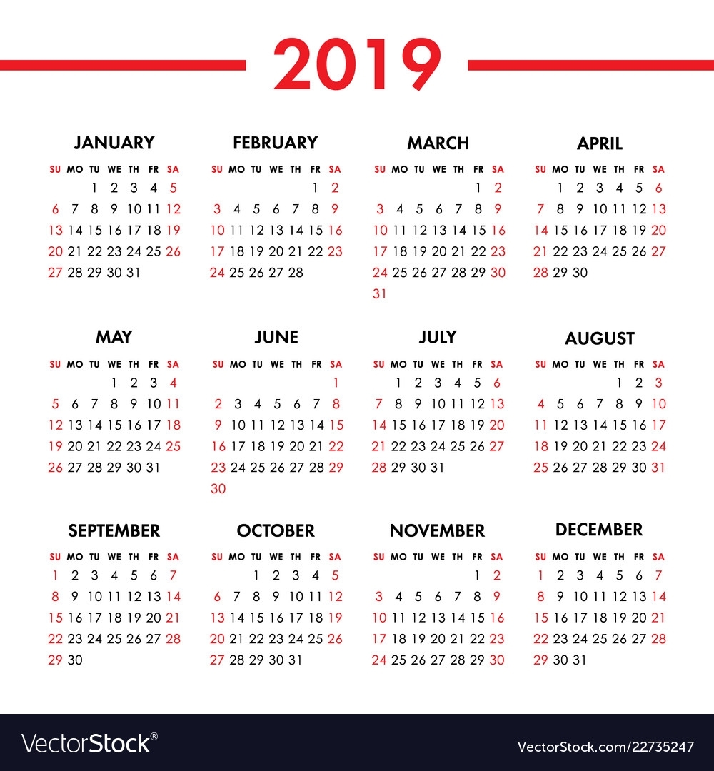 Calendar 2019 Year On A White Background Week