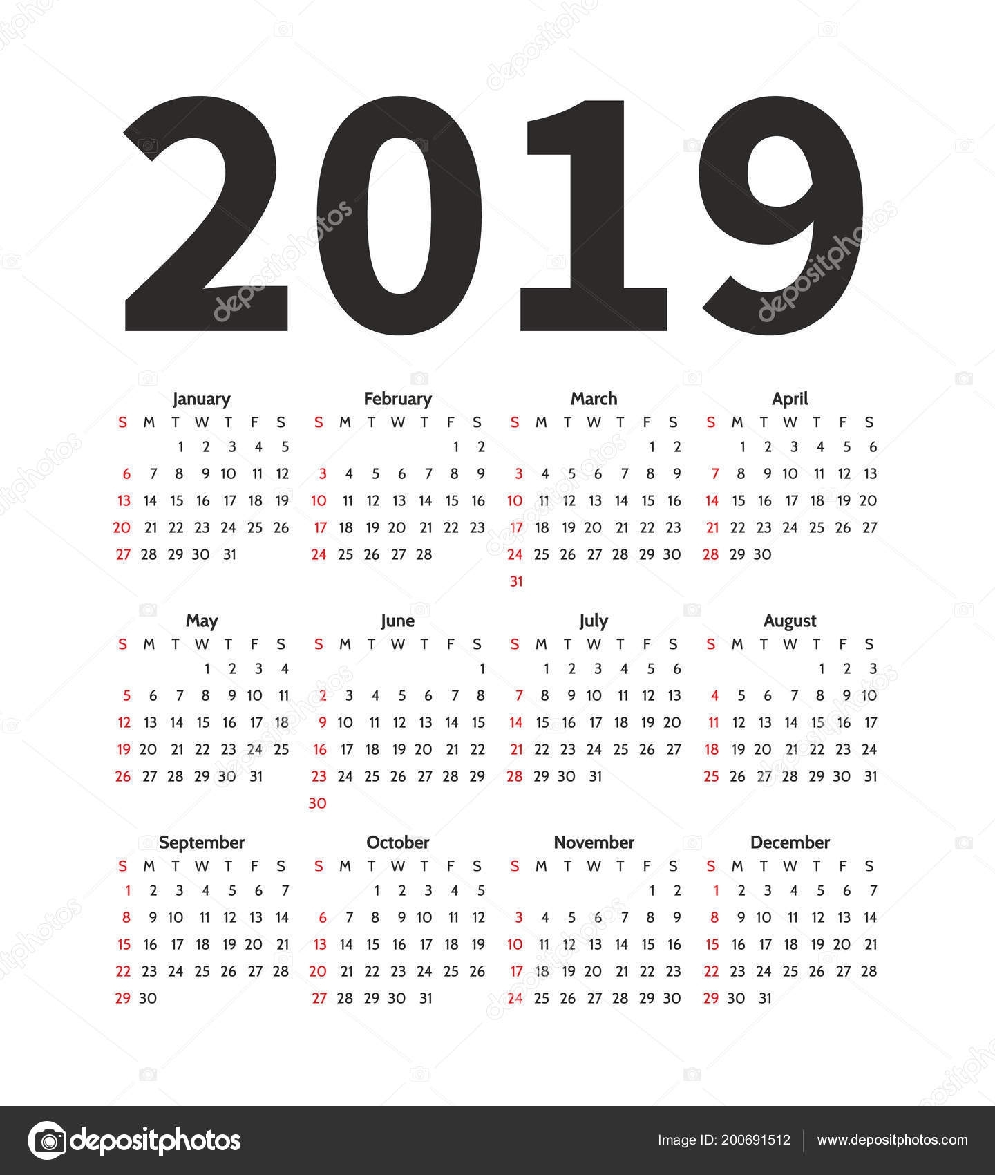 Calendar 2019 Year Vector Design Template. Simple Minimalizm