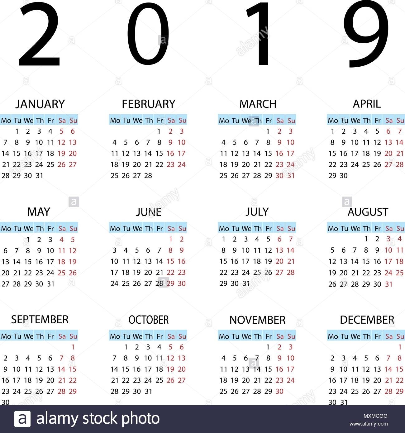 Calendar 2019 Year. Week Starts With Monday Stock Vector Art