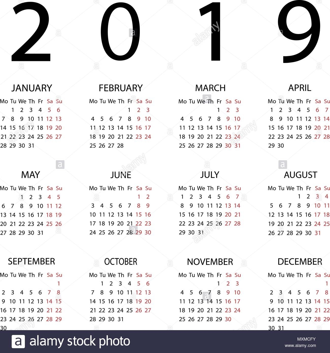 Calendar 2019 Year. Week Starts With Monday Stock Vector Art