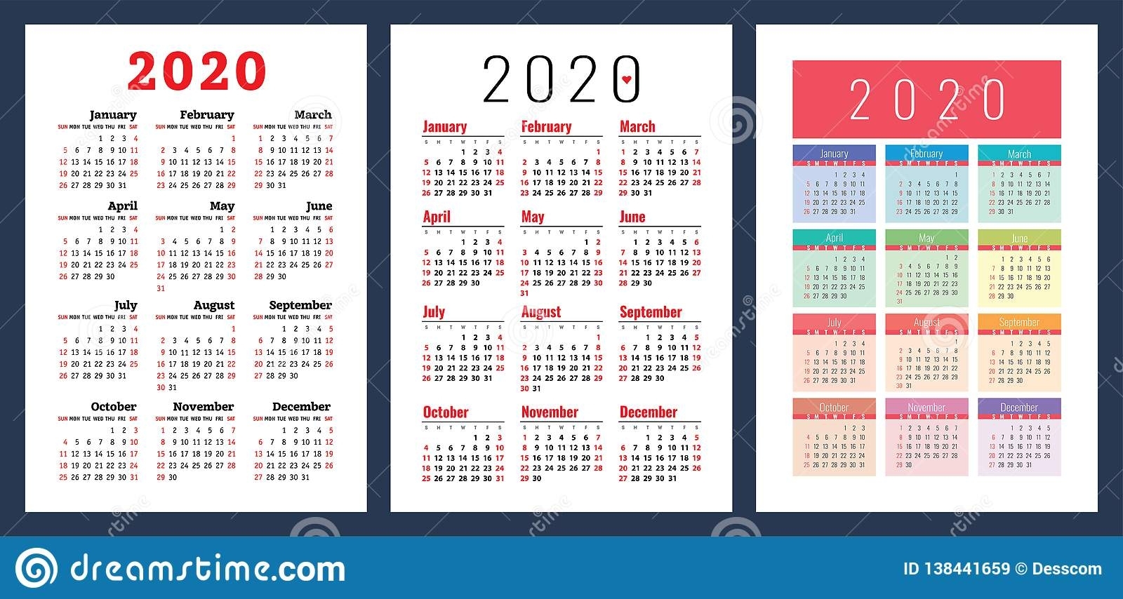 Calendar 2020. Colorful Set. Week Starts On Sunday. Basic