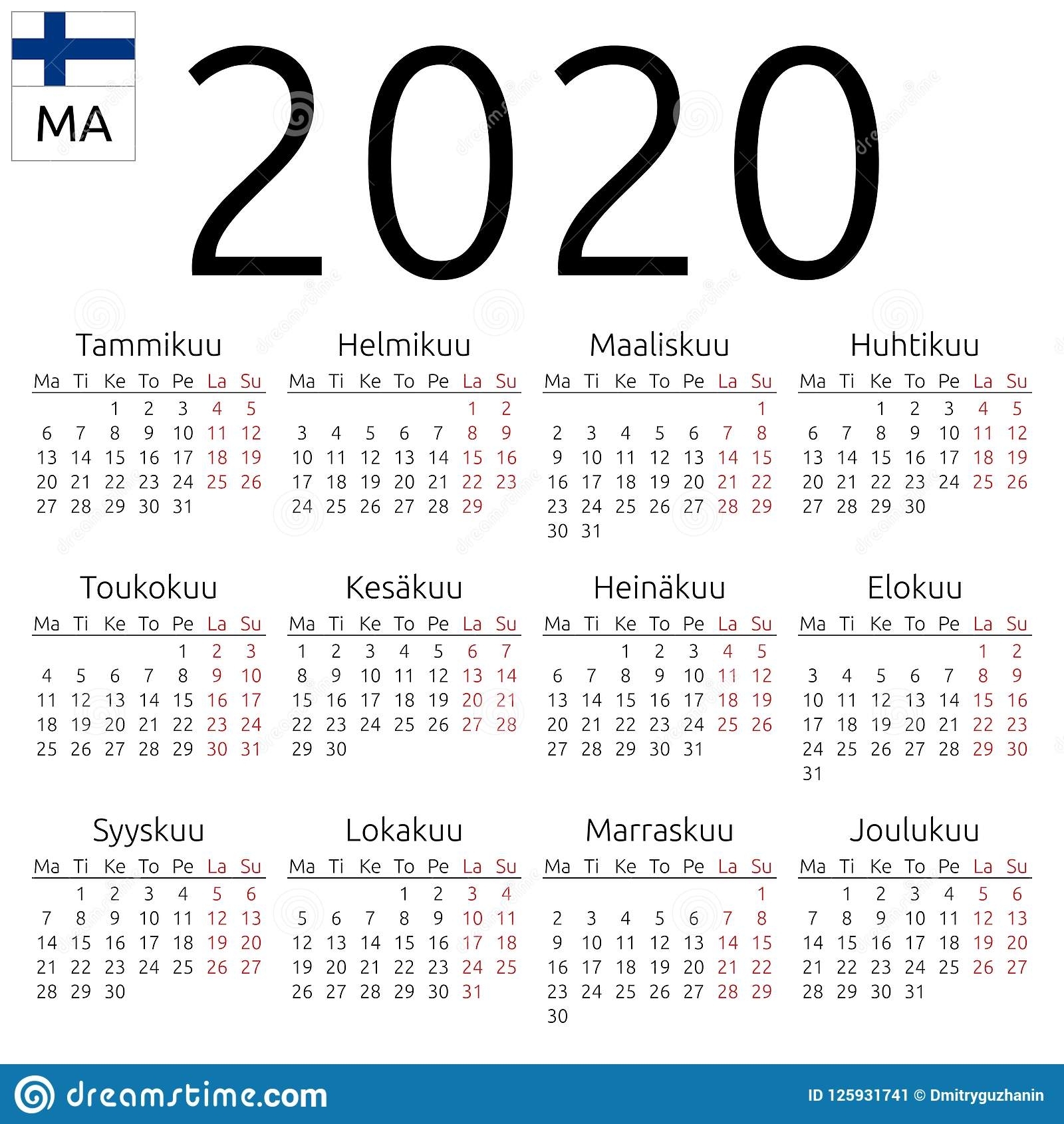 Calendar 2020, Finnish, Monday Stock Vector - Illustration
