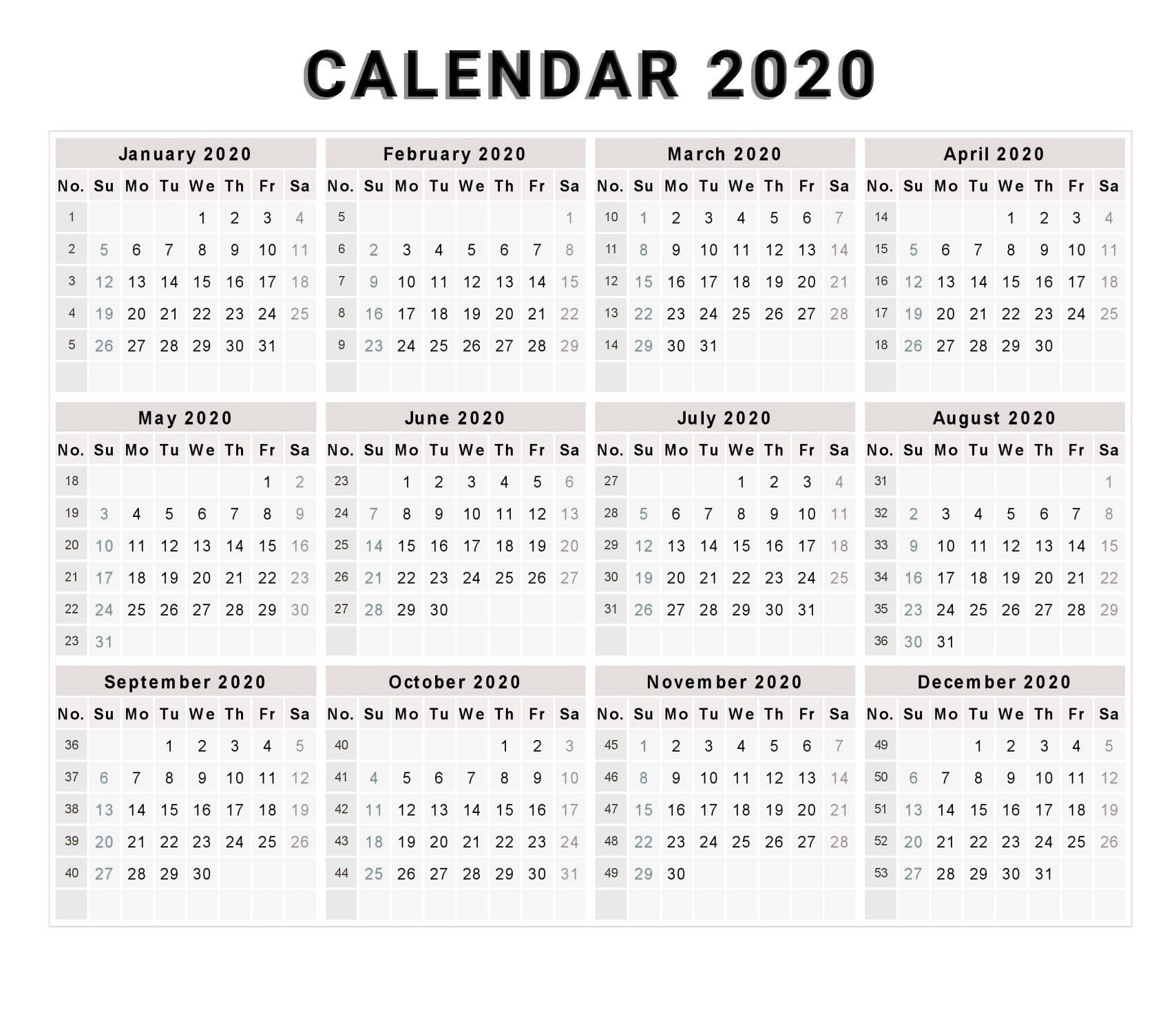 Print Yearly Calendar 2020 Free | Month Calendar Printable