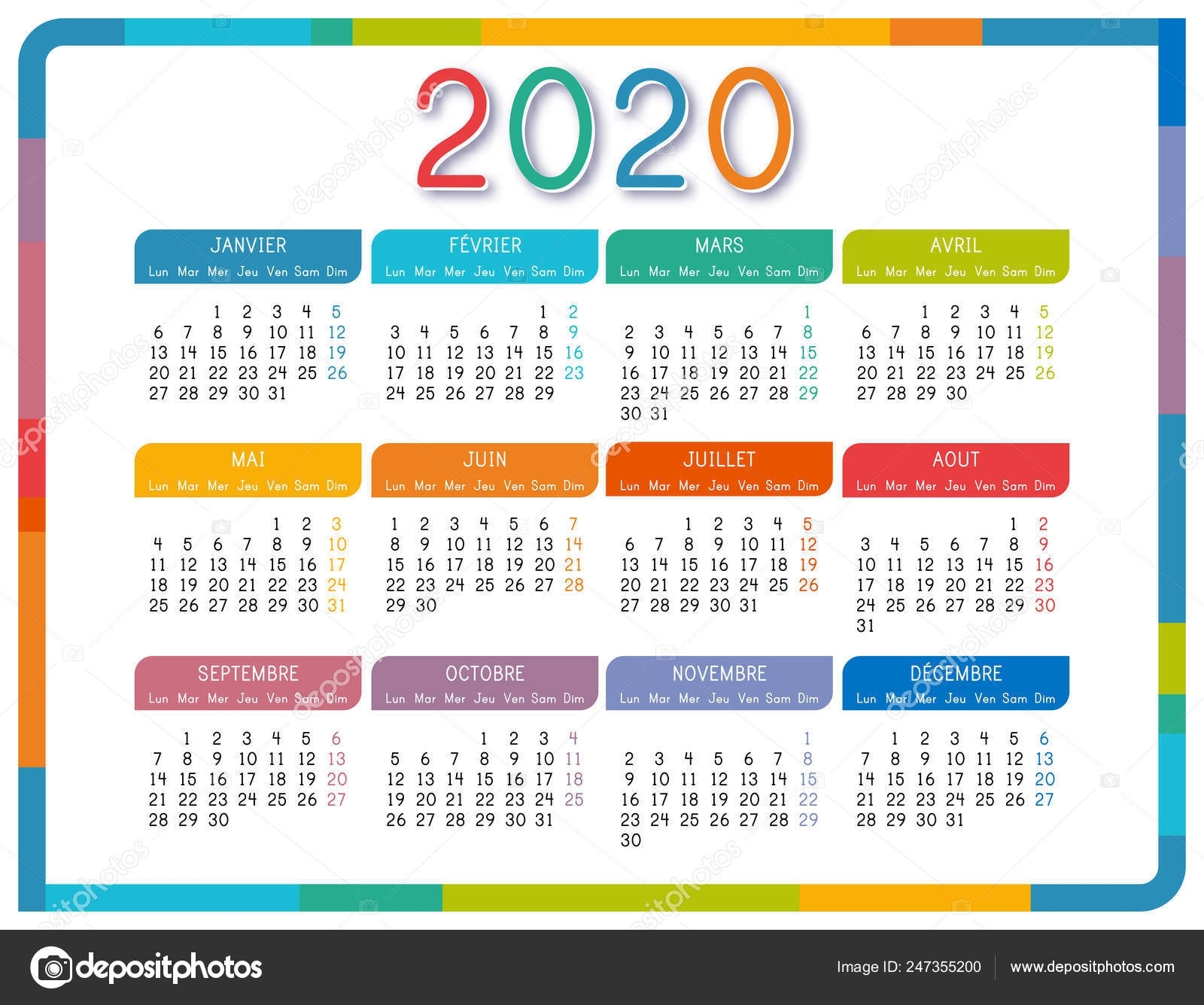 Calendar 2020 French Language White Background Colorful