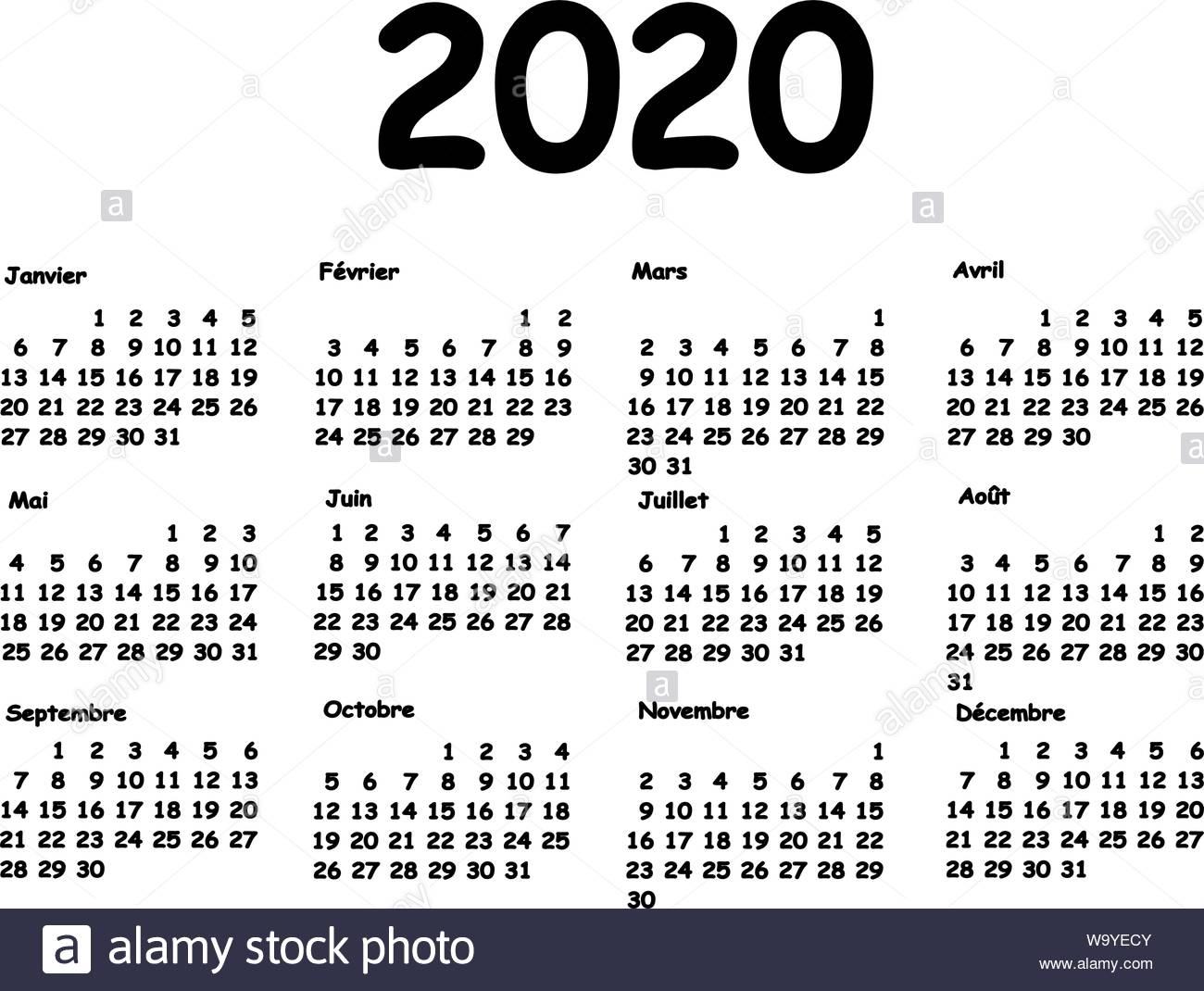 Calendar 2020 Grid French Language. Monthly Planning For