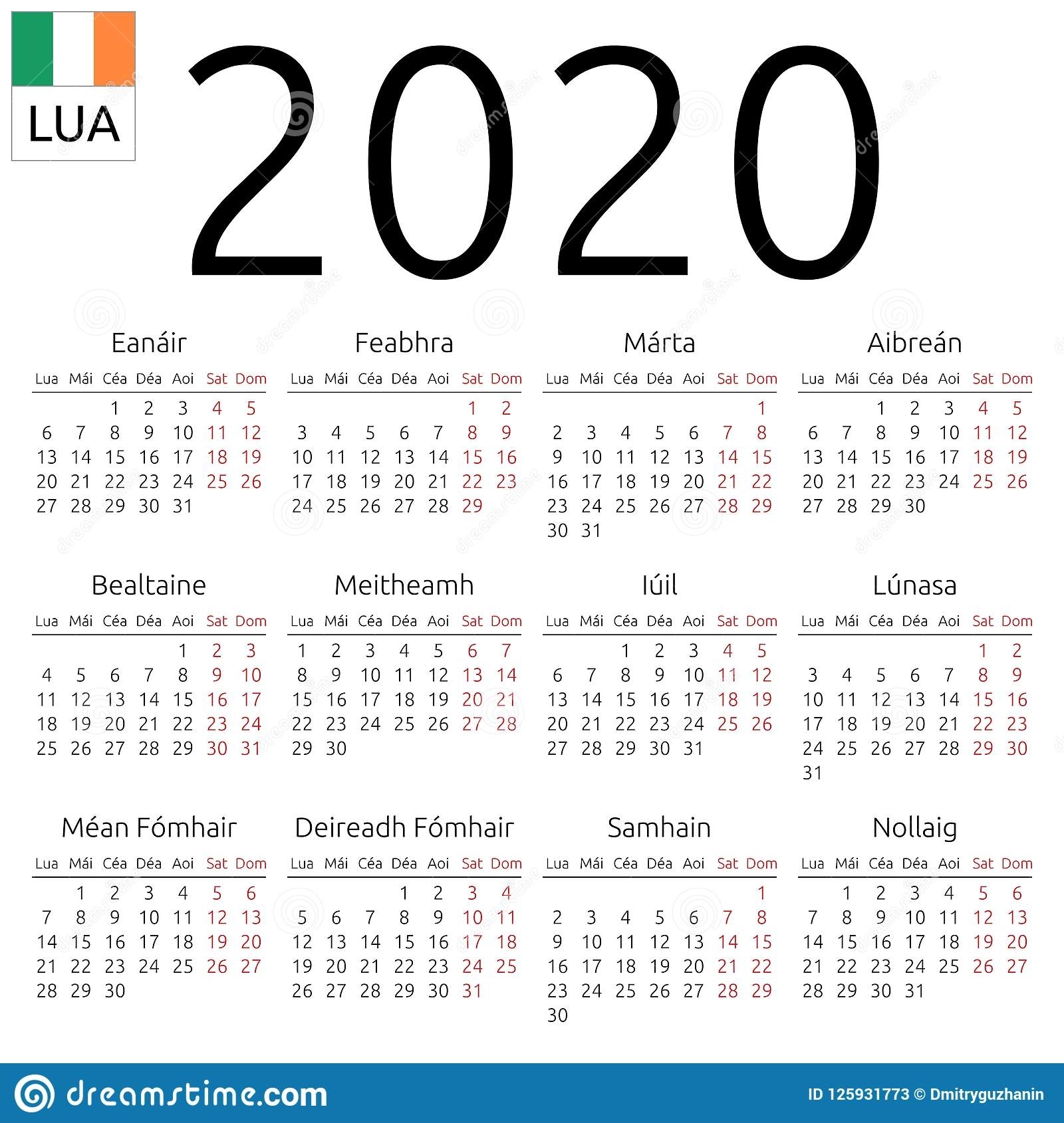 Calendar 2020, Irish, Monday Stock Vector - Illustration Of