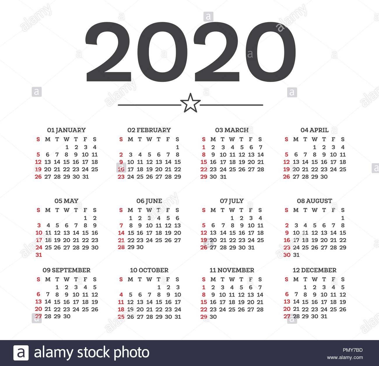 Calendar 2020 Isolated On White Background. Week Starts From
