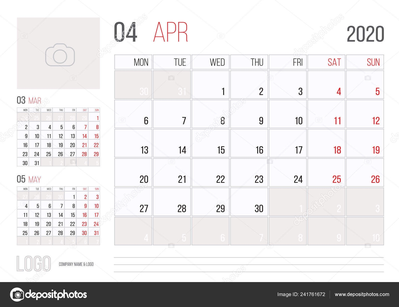 Calendar 2020 Planner Corporate Template Design April Month