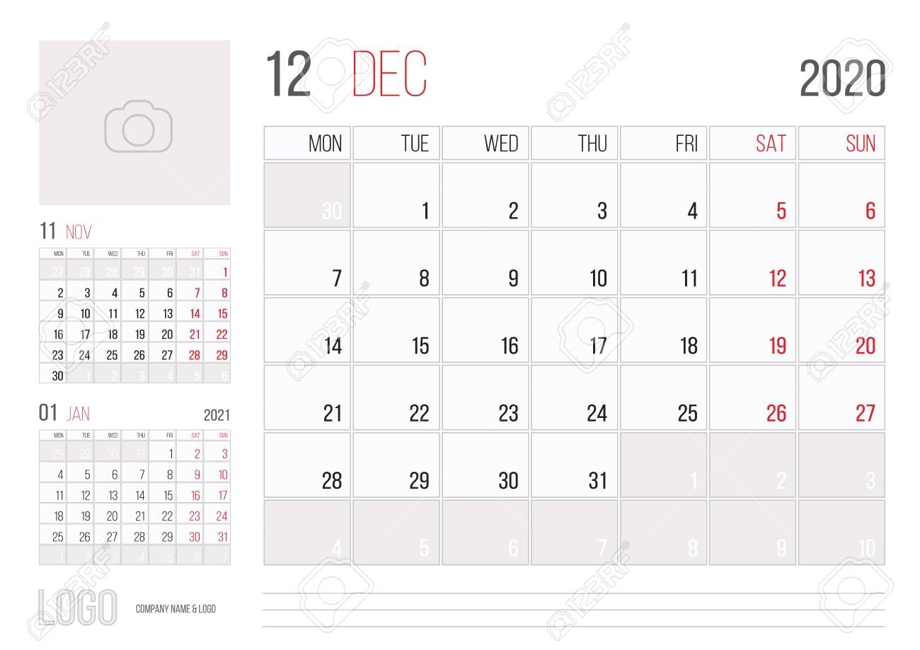 Calendar 2020 Planner Corporate Template Design December Month