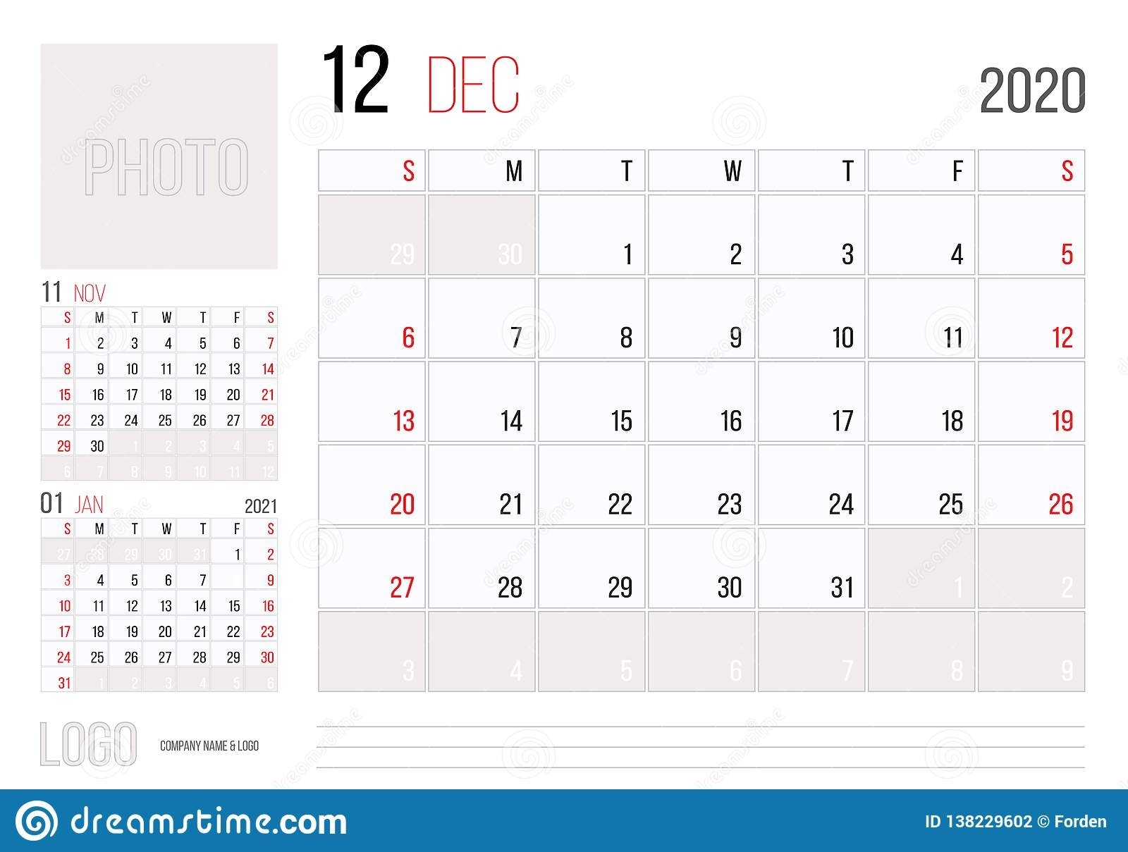 Calendar 2020 Planner Corporate Template Design December