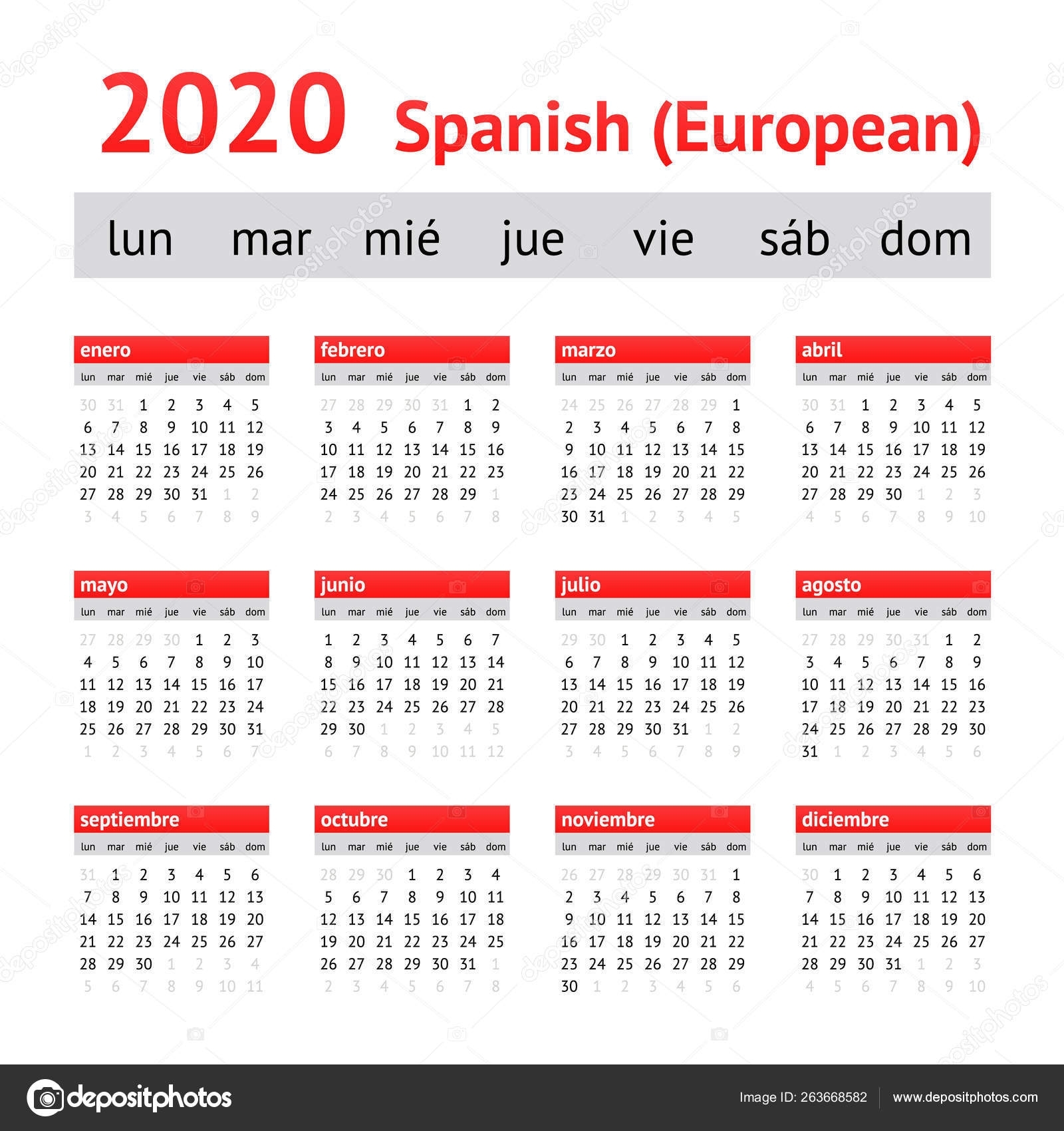 Calendar 2020 Spain. European Spanish Calendar — Stock