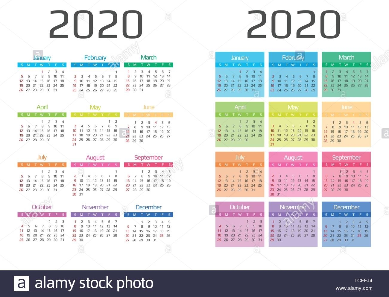 Calendar 2020 Template.12 Months Include Holiday Event Stock