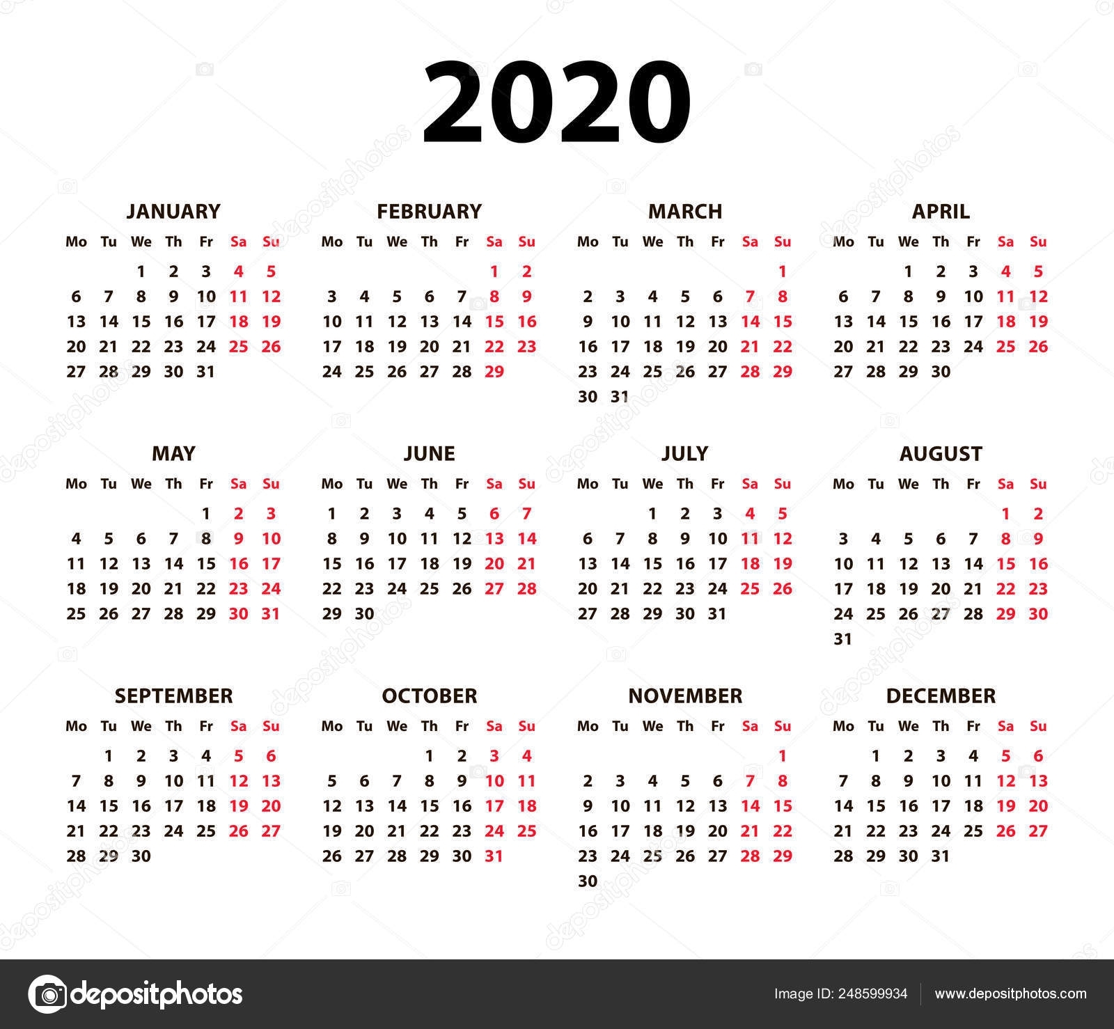 Calendar 2020 Vector Basic Grid. Simple Design Template