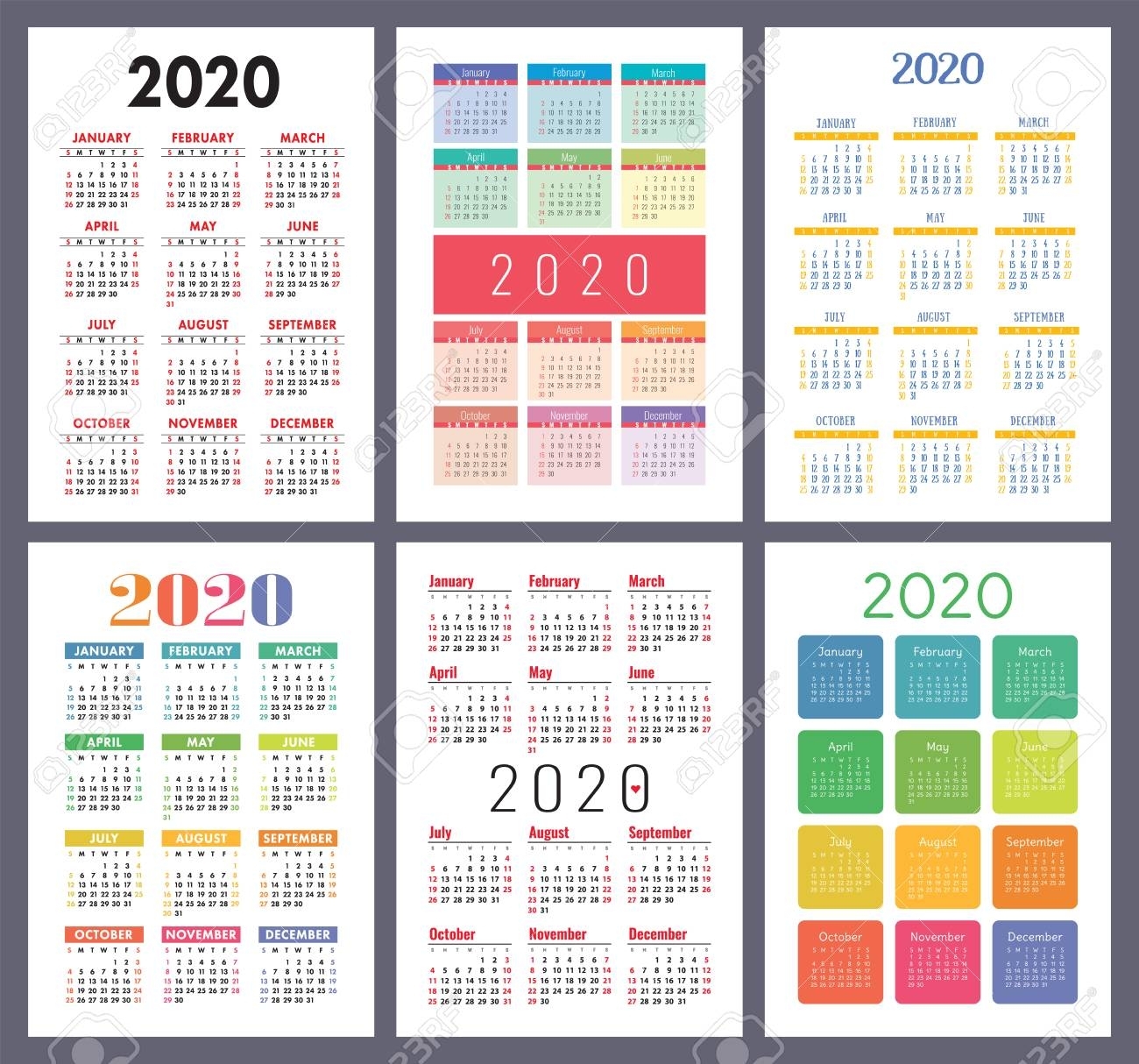 Calendar 2020. Vector Template Collection. Colorful English Pocket..