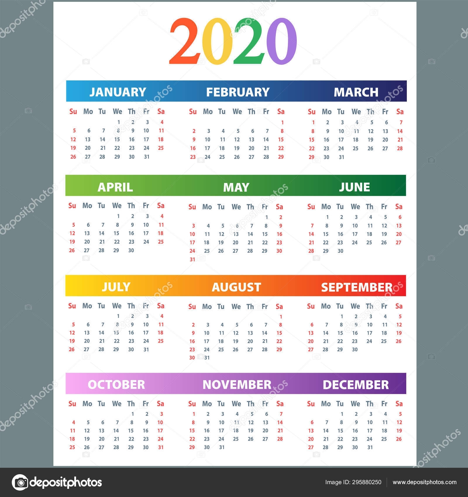 Calendar 2020. Wall Planner Calendars, Week Starts Grid And