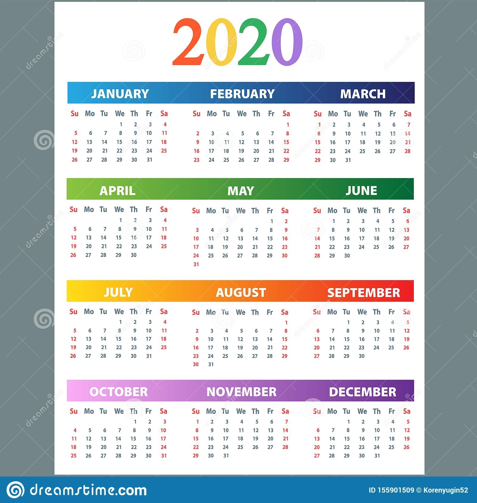 Calendar 2020. Wall Planner Calendars, Week Starts Grid And