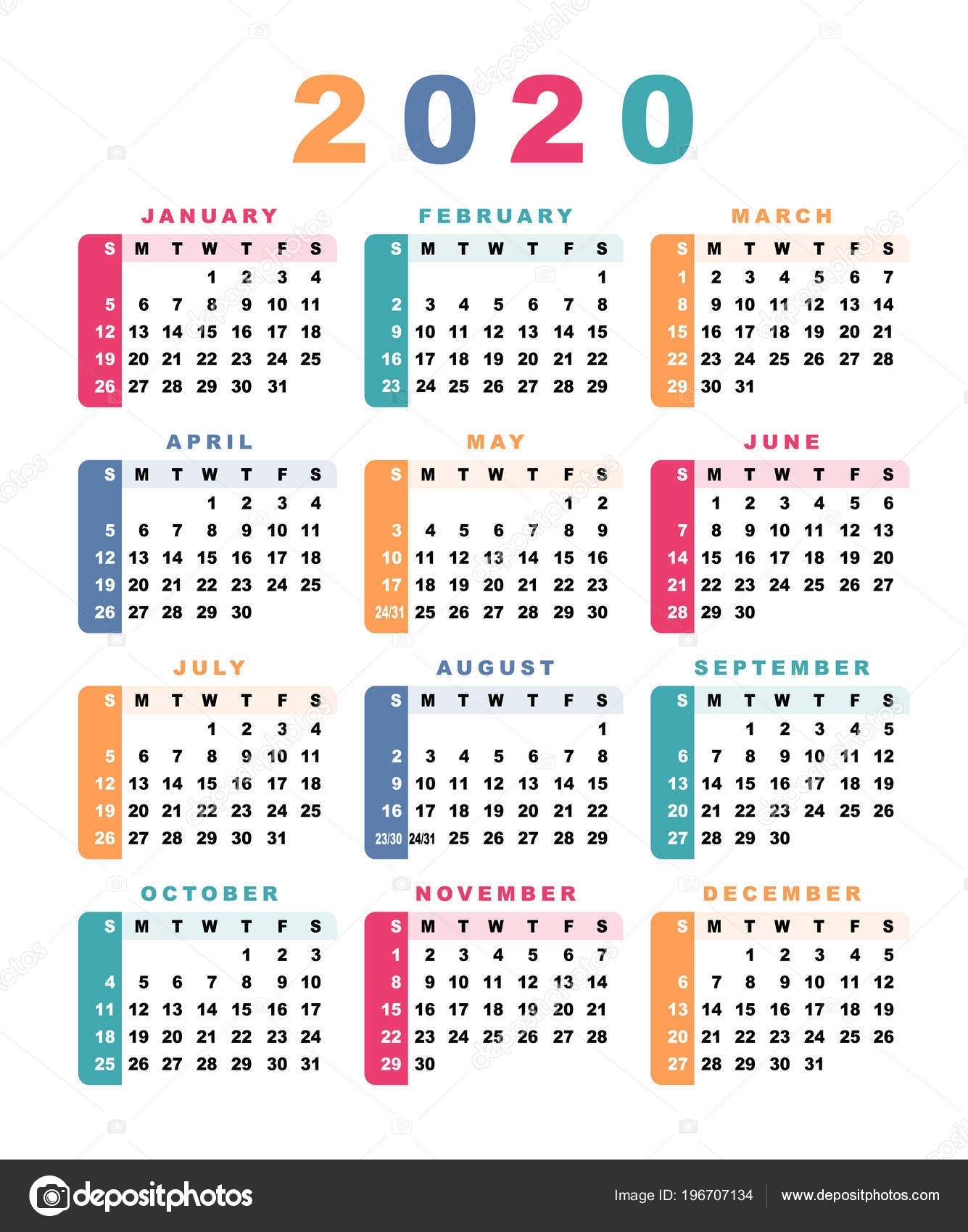 Calendar 2020 Week Starts Sunday Vector Illustration — Stock