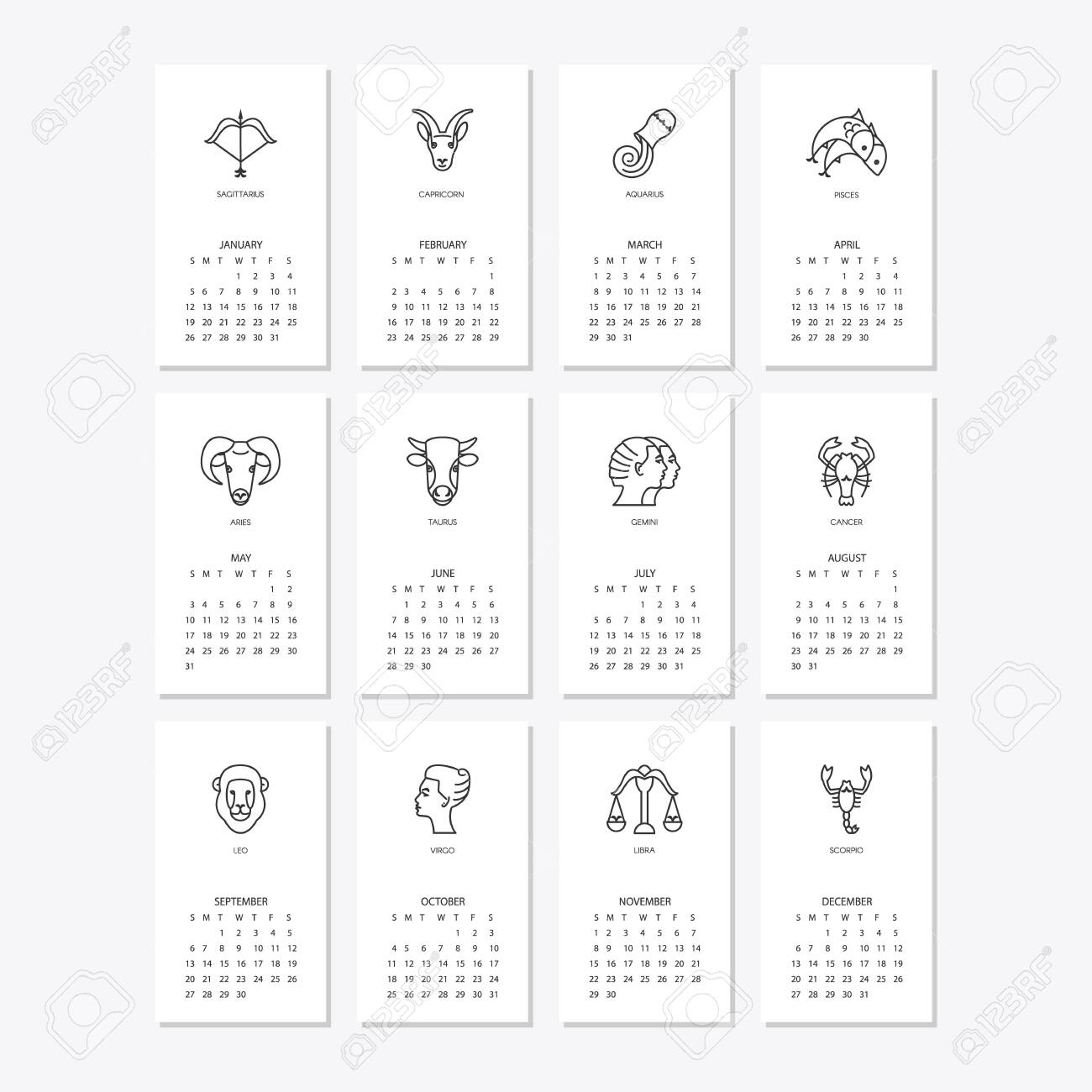 Calendar 2020 With Horoscope Signs Zodiac Symbols Set