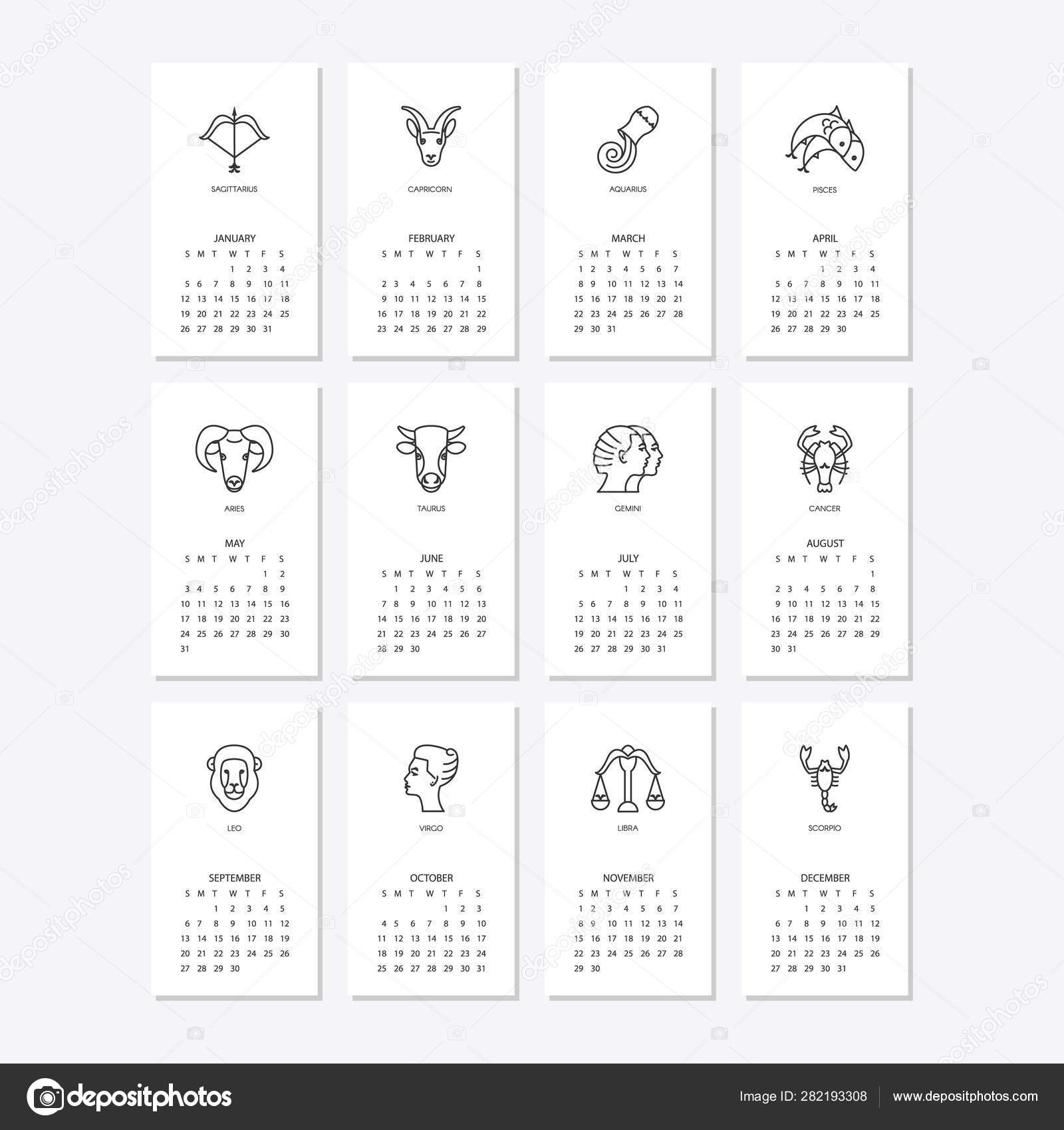 Calendar 2020 With Horoscope Signs Zodiac Symbols Set