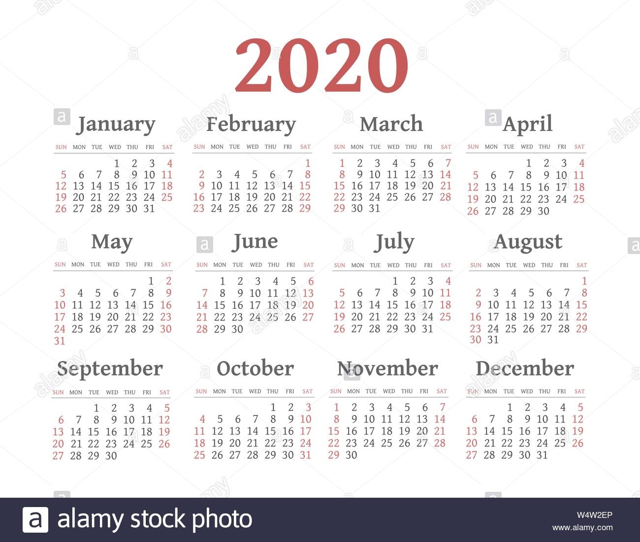 Calendar 2020 Year. Black And White Vector Template. Week