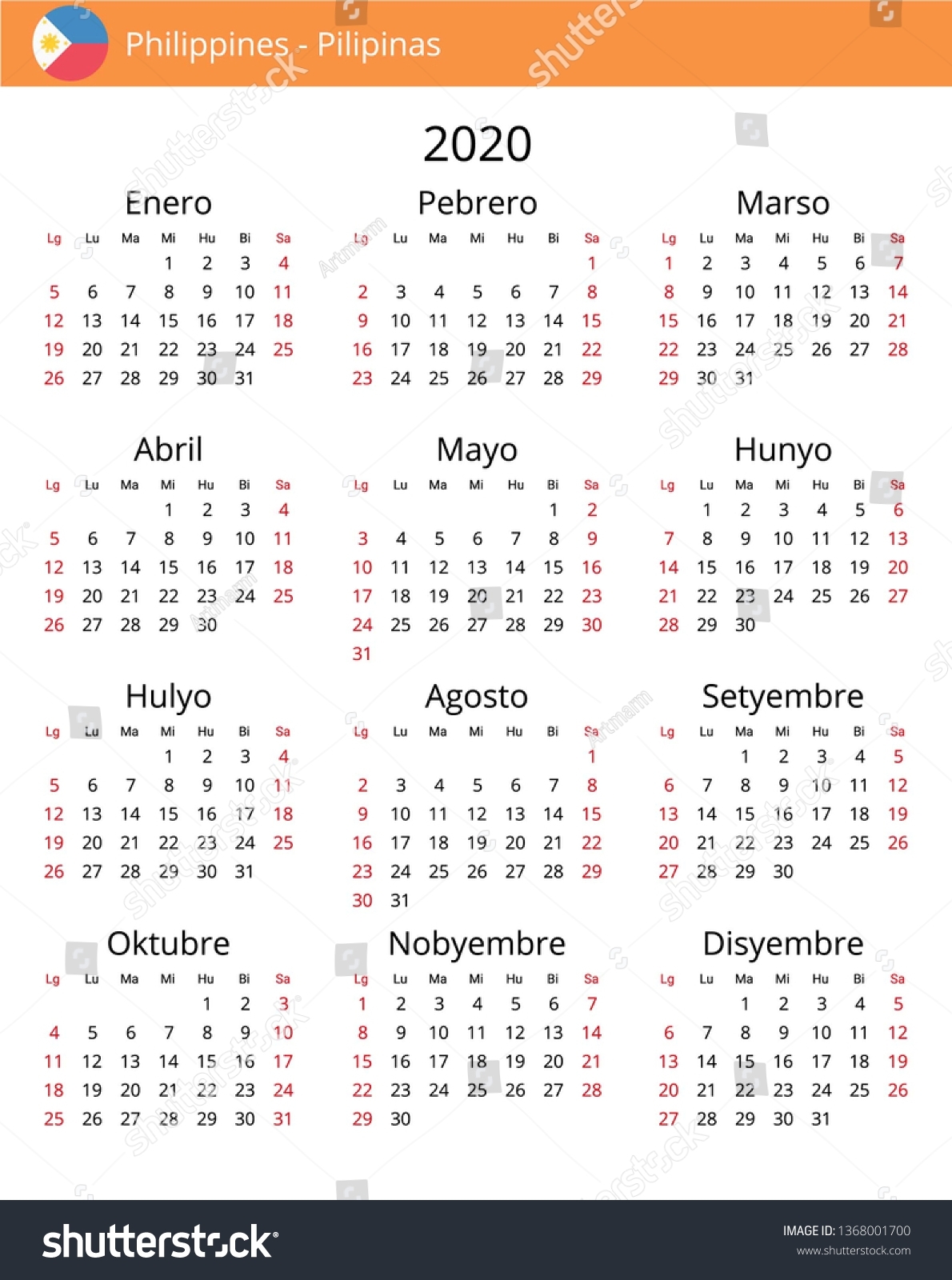 Calendar 2020 Year Philippines Country Philippine Stock