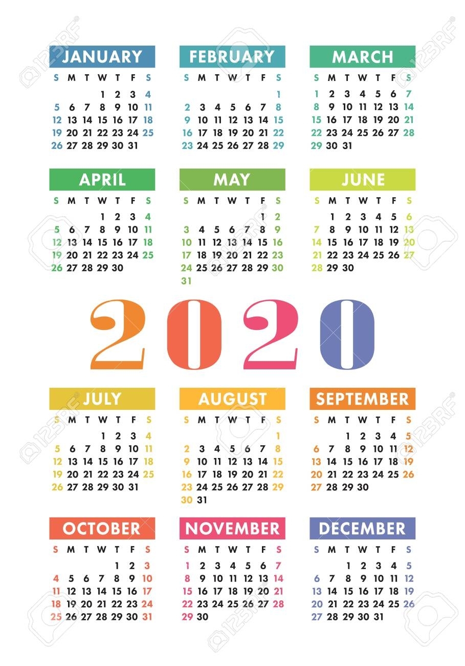 Calendar 2020 Year. Vector Design Template. Colorful English..