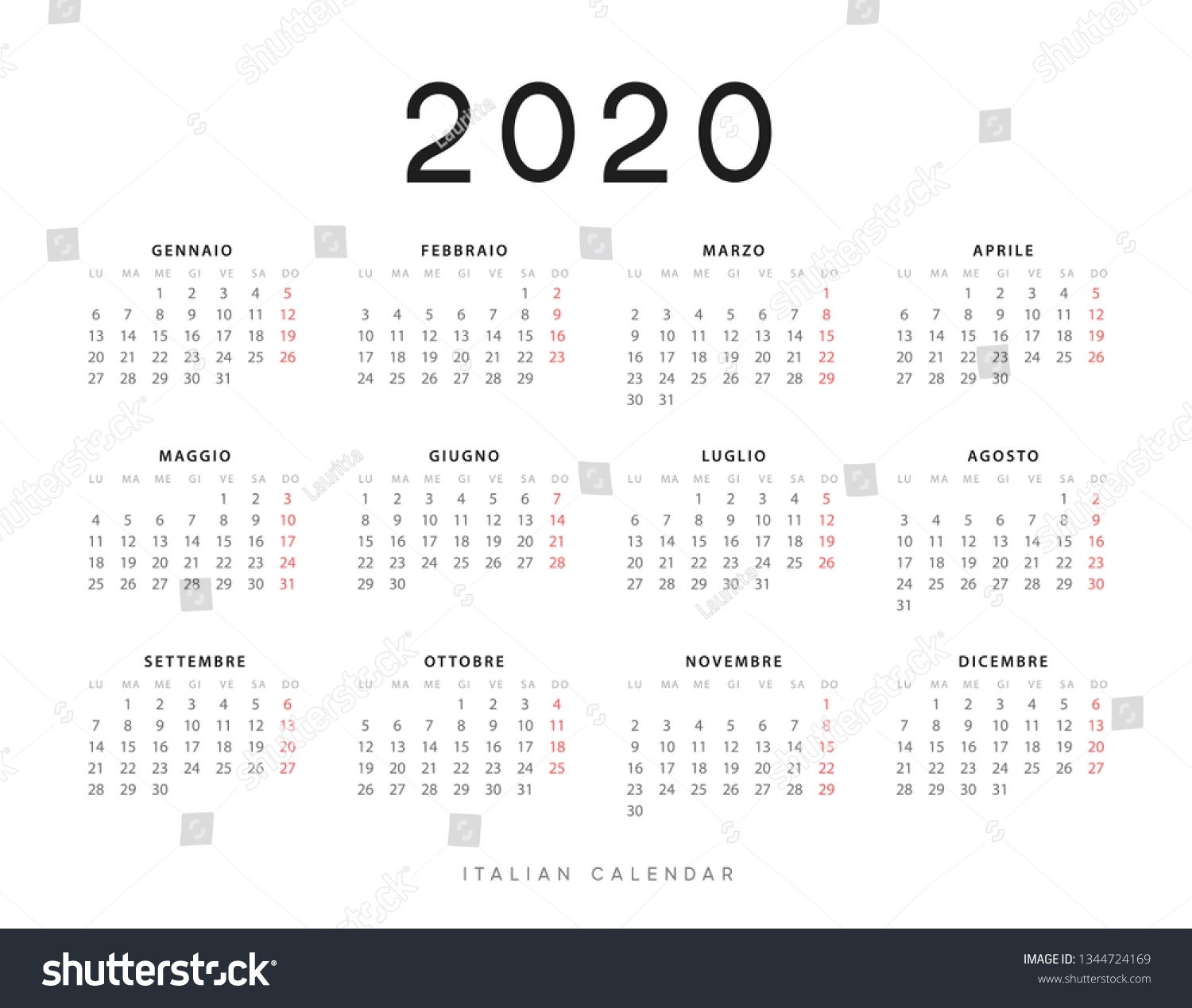 Calendar 2020 Year Week Starts On | Royalty-Free Stock Image