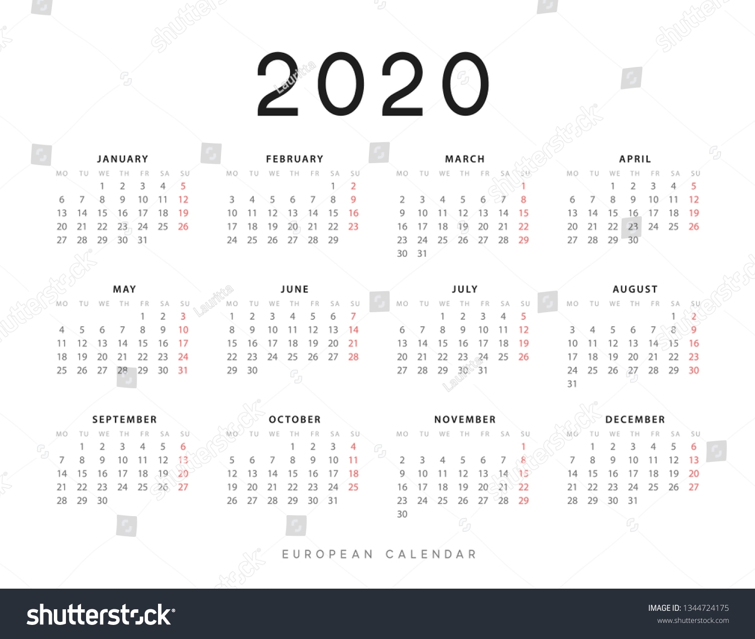 Calendar 2020 Year Week Starts On Stock Vector (Royalty Free